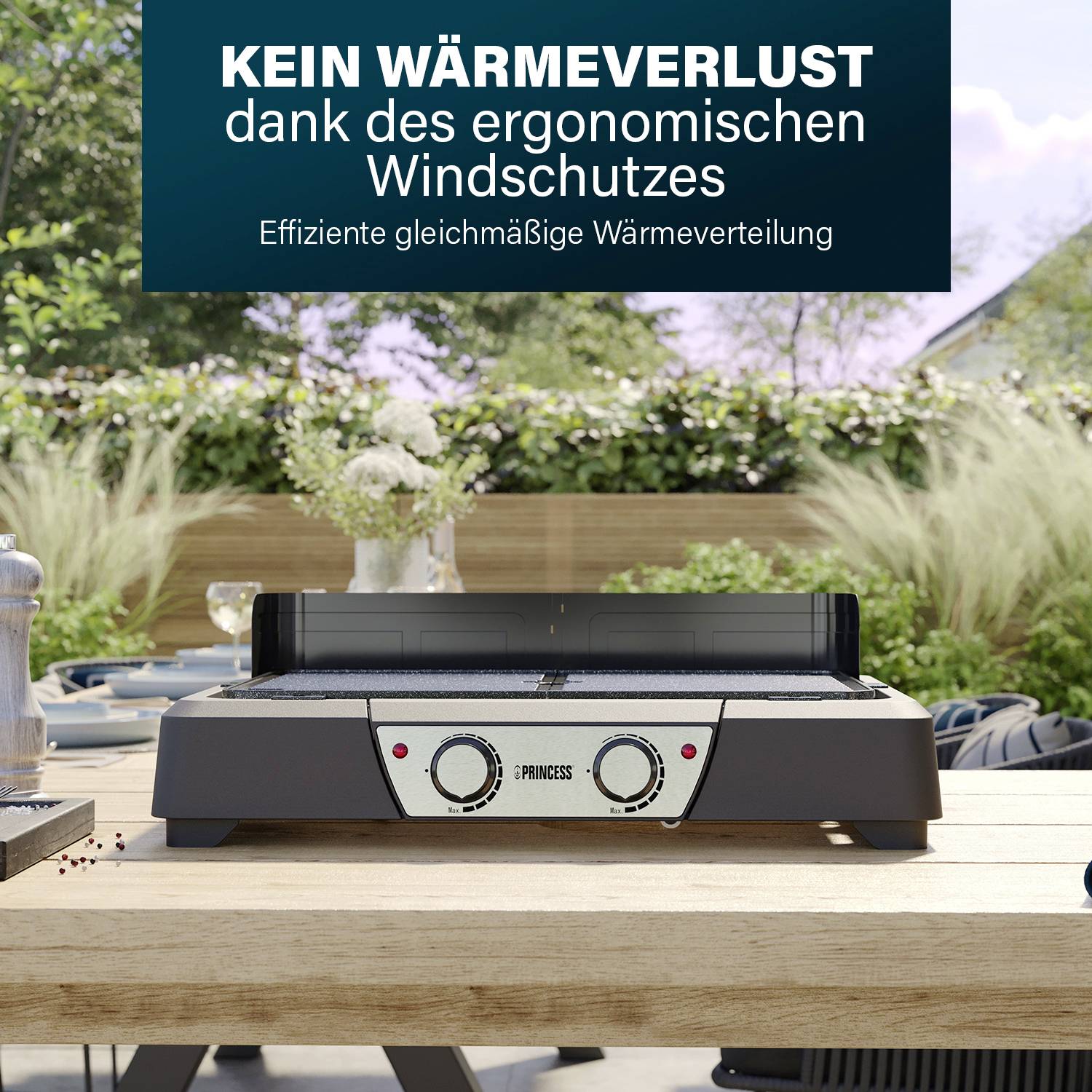 Barbecue op een tafel buiten met tekst: 'Geen warmteverlies dankzij de ergonomische windbescherming. Efficiënte gelijkmatige warmteverdeling.'