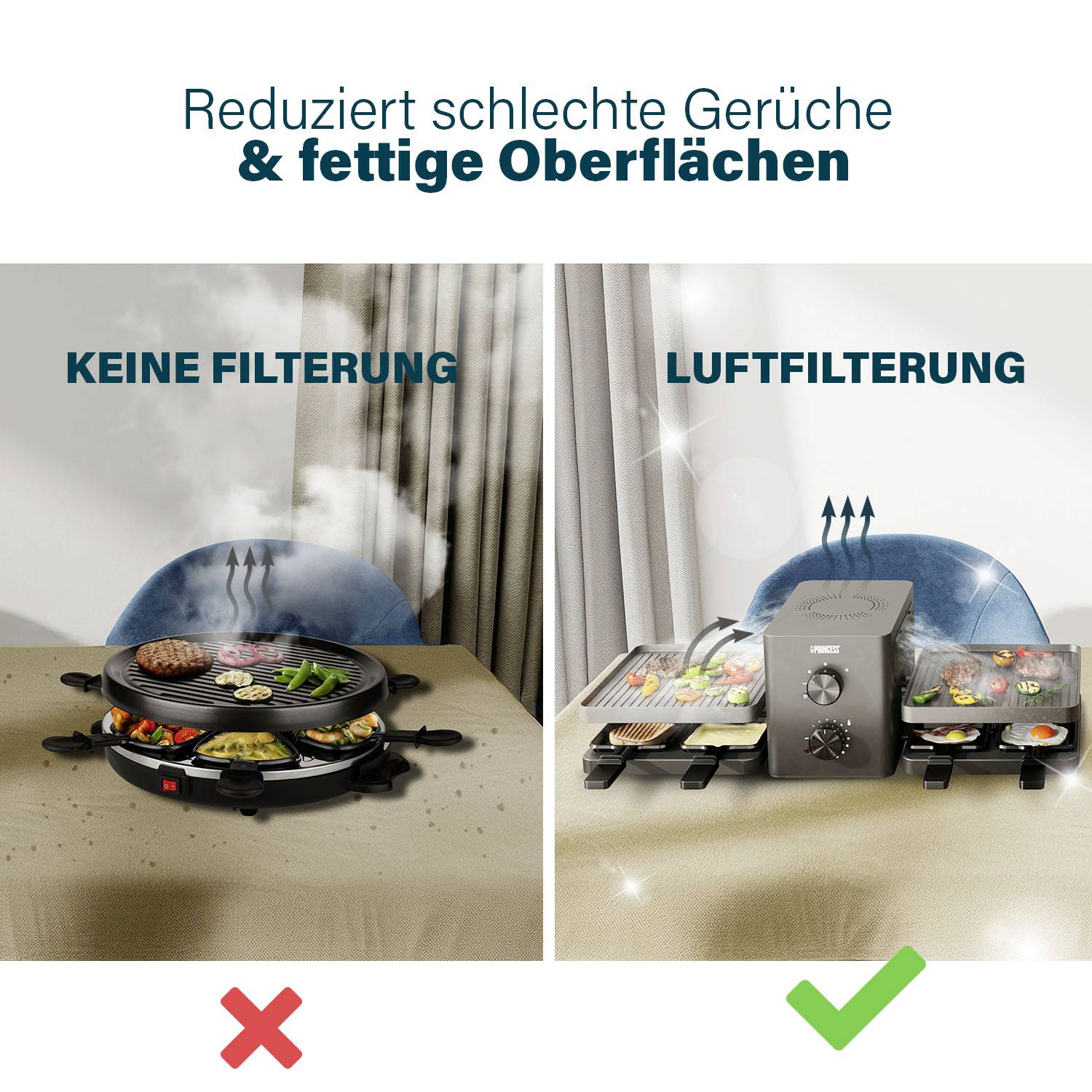 'Twee grills vergeleken: links zonder luchtzuivering met rookwolken, rechts met luchtzuivering rookvrij. Tekst: "Vermindert slechte geuren & vette oppervlakken".'