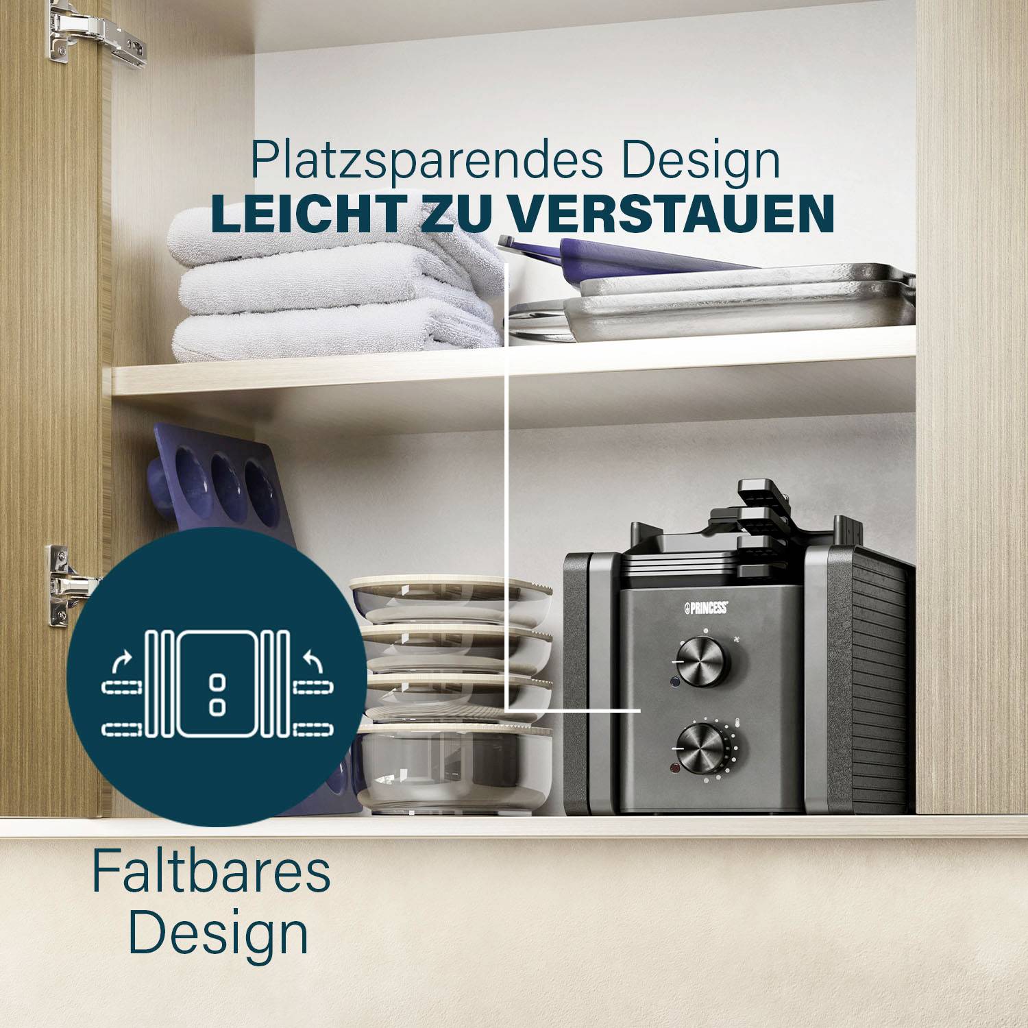 Een keukenkast toont een ruimtebesparend ontwerp met een gevouwen keukenmachine, gestapelde borden en handdoeken erboven.