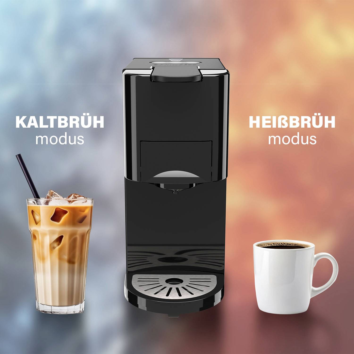Een koffiemachine in het midden, links een glas ijskoffie met de tekst 'COLD BREW-modus', rechts een kopje koffie met de tekst 'HEET GEZET-modus'.