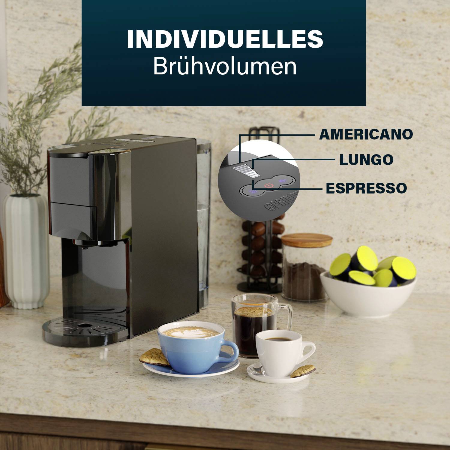 Elektrische koffiezetapparaat op werkblad, drie kopjes koffie ervoor. Tekst bovenaan: 'Individueel brouwvolume'.