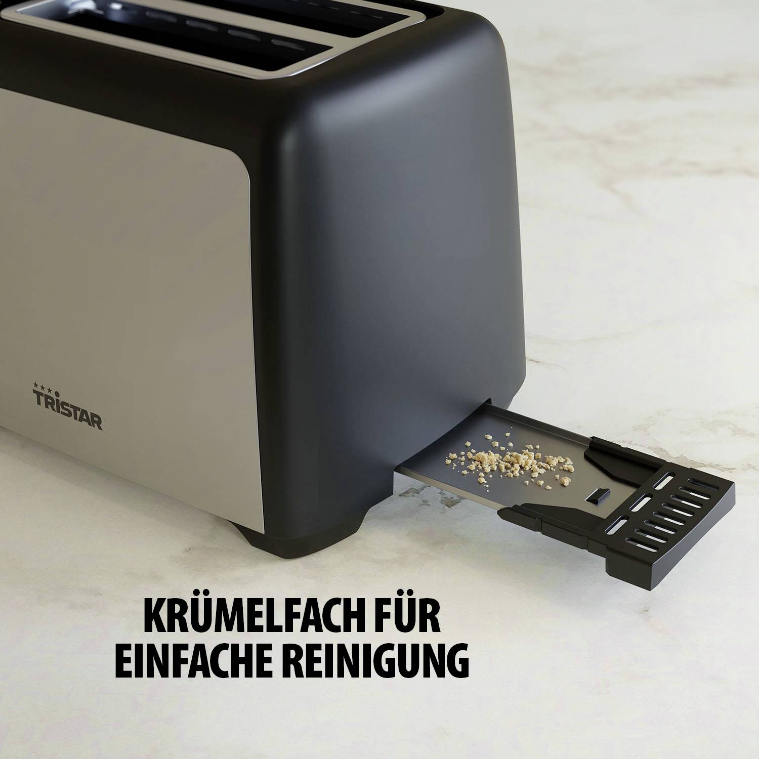 Broodrooster met uitneembare kruimelbak voor gemakkelijke reiniging, Tekst: 'Kruimelbak voor eenvoudige reiniging'.