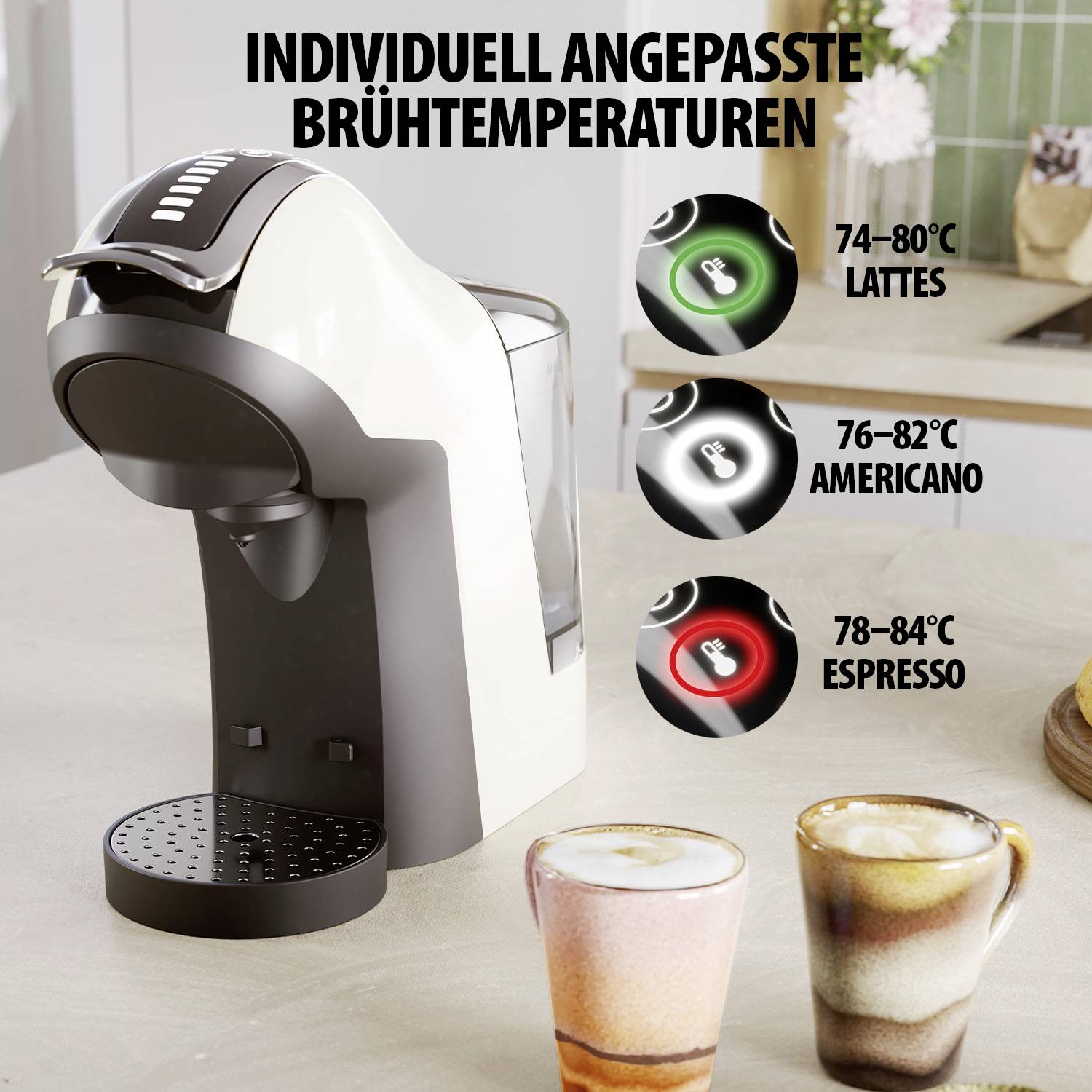 Een koffiemachine met drie temperatuurstanden: Lattes bij 74–80 °C, Americano bij 76–82 °C, Espresso bij 78–84 °C.