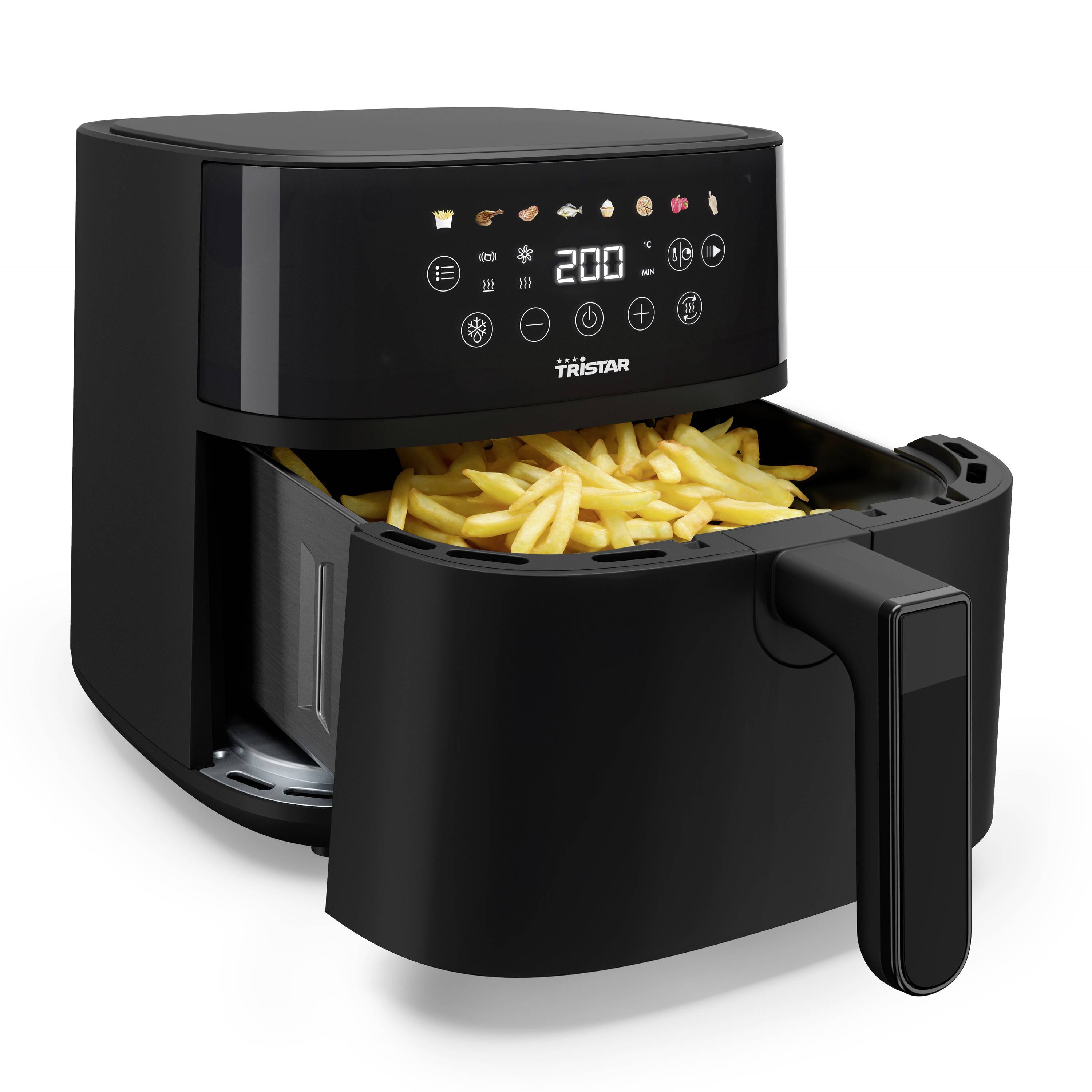 Een zwarte airfryer met digitaal display, gevuld met frietjes, toont een temperatuur van 200 graden op het scherm.