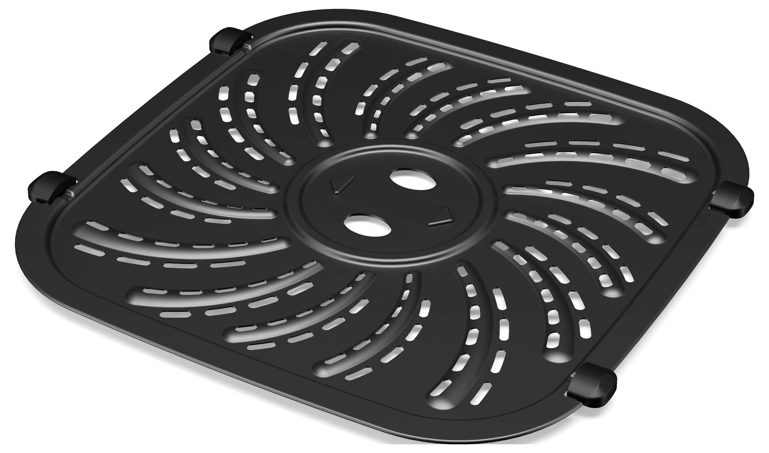 Een zwarte vierkante opbergstandaard met anti-slip voeten en een centraal cirkelvormig patroon met sleuven voor ventilatie.