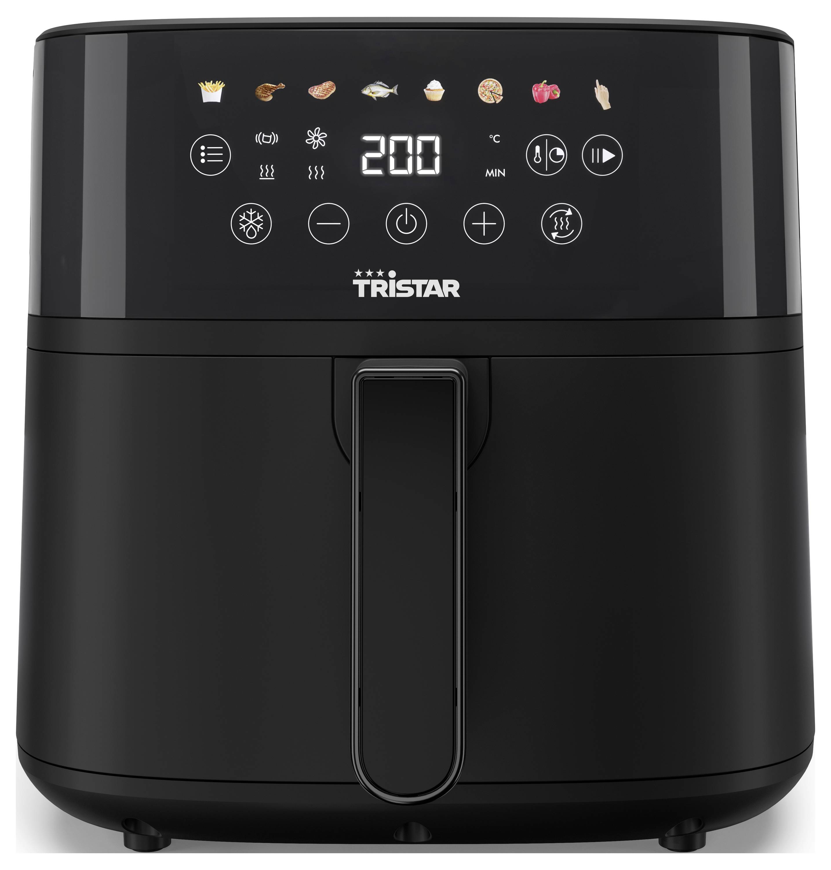 Een zwarte airfryer met digitaal touchdisplay toont verschillende kooksymbolen en een temperatuur van 200 graden.