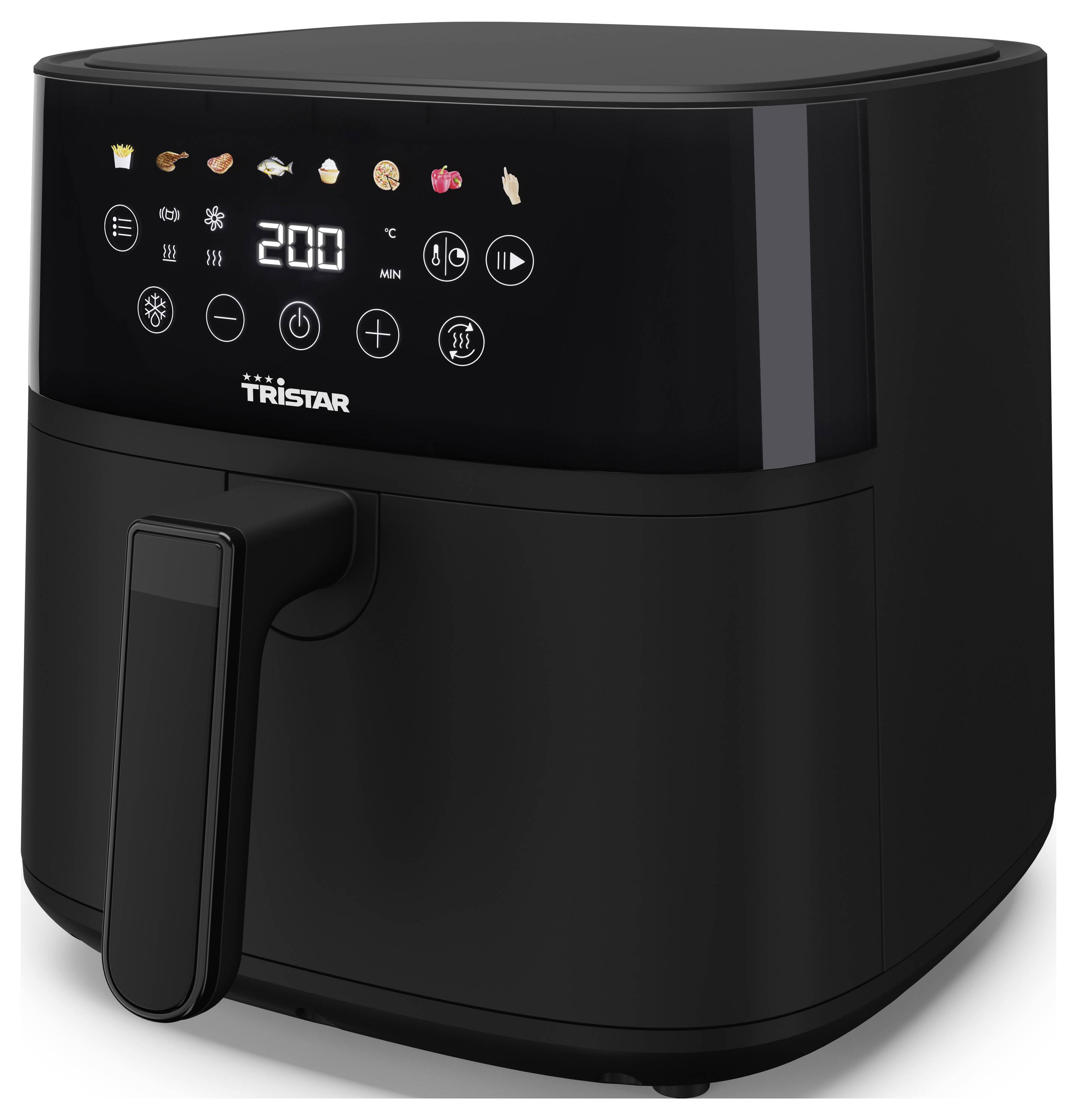 Zwarte heteluchtfriteuse met digitaal display, verschillende programmasymbolen en temperatuurinstelling op 200 graden.