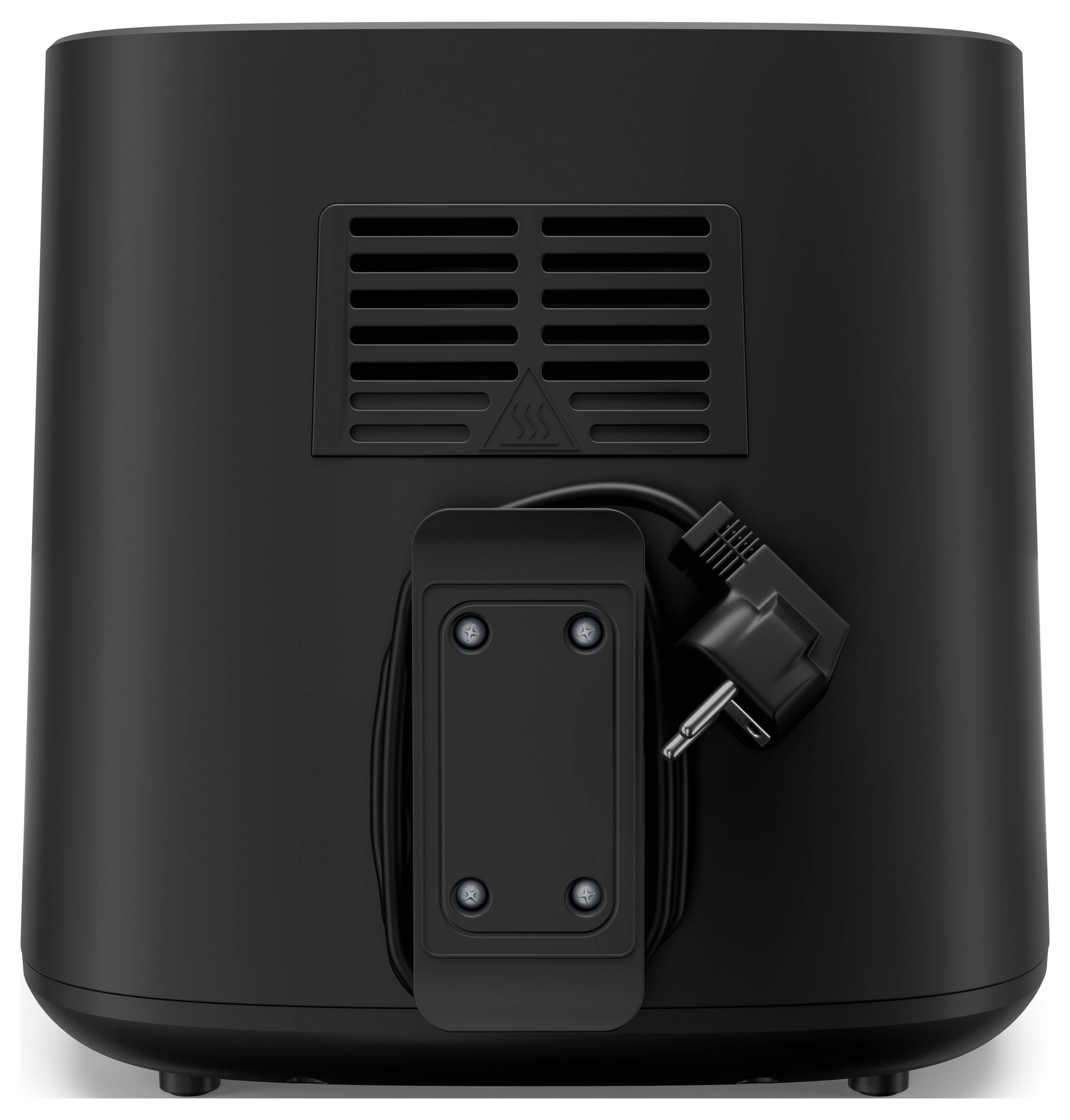 Een zwarte elektrische broodrooster, gezien van achteren, met netsnoer netjes opgeborgen aan de achterkant.