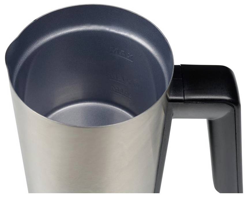 Metalen kan met donkere binnenbekleding en zwarte handgreep, maximale vulhoogte binnenin gemarkeerd met 'MAX'.