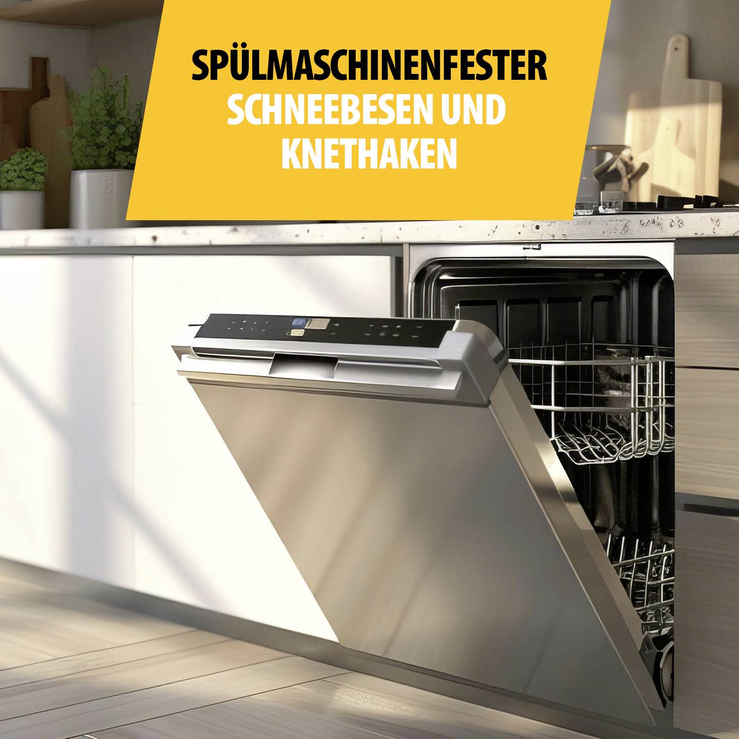 Een open vaatwasser in een moderne keuken, gevuld met servies. Bovenaan staat in het gele gedeelte: 'Vaatwasserbestendige garde en deeghaak'.