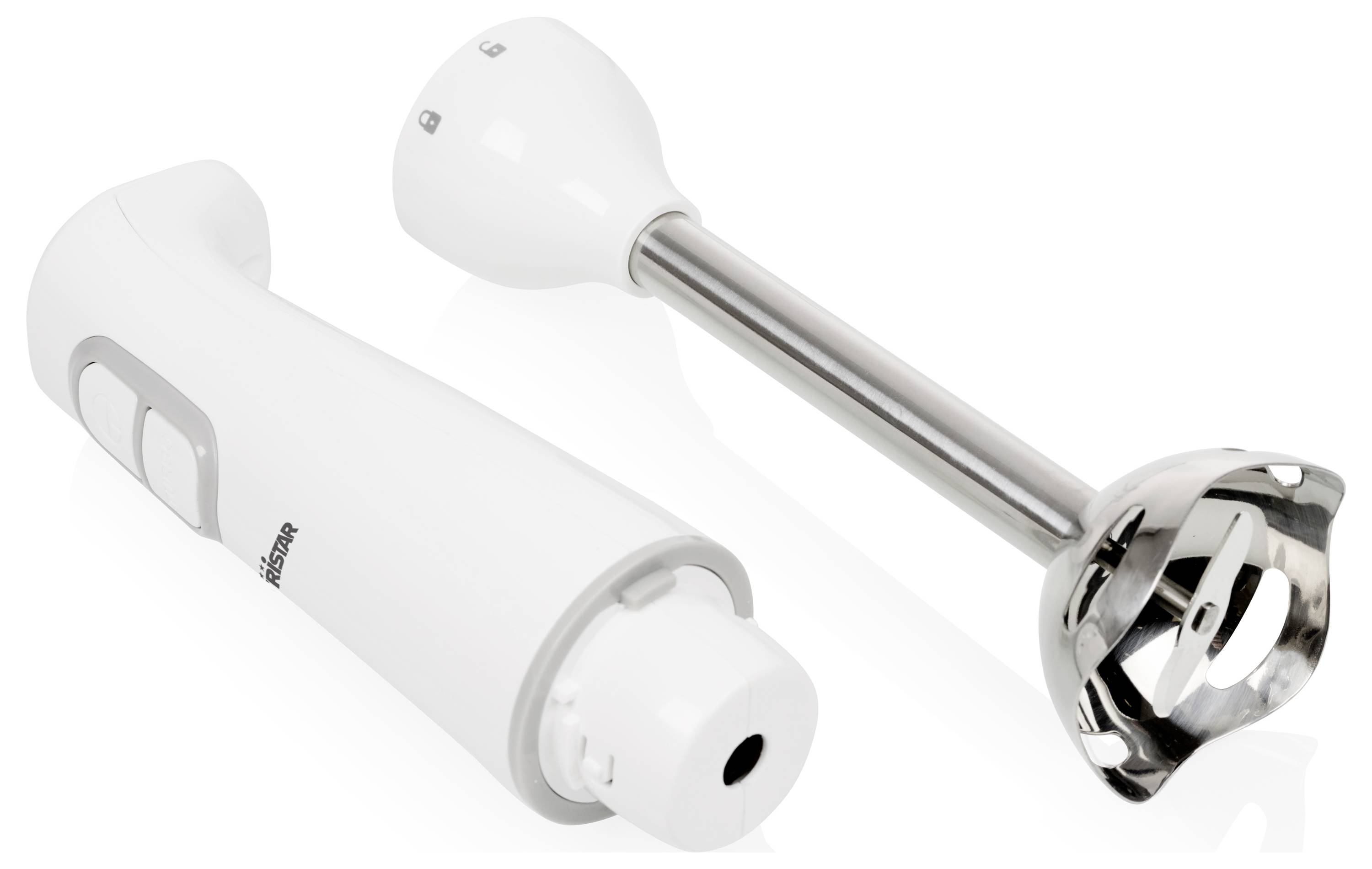 Een witte staafmixer met een afneembare RVS-mixvoet. Geschikt voor het pureren van soepen of sauzen in de keuken.