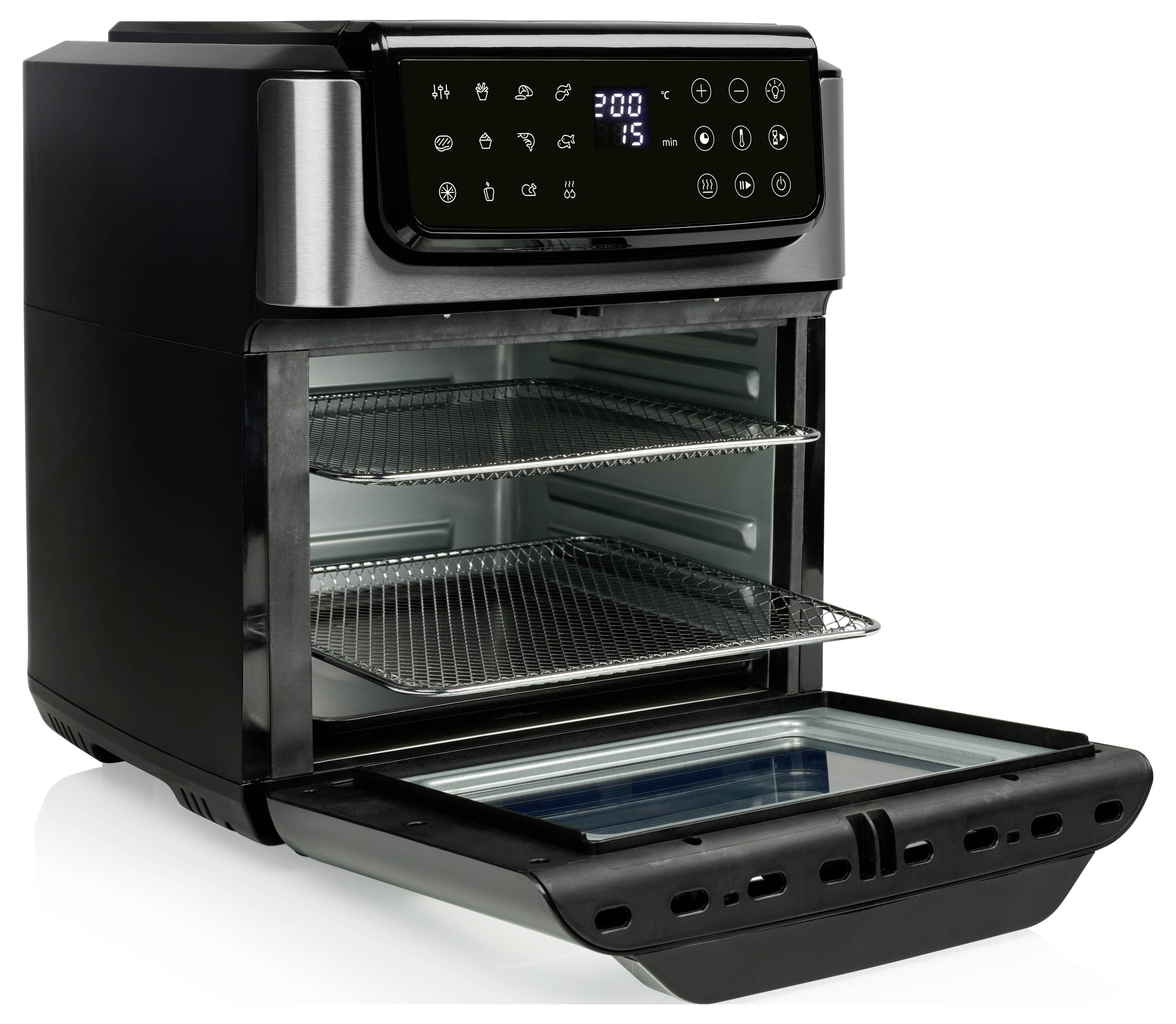 Een moderne heteluchtoven met een digitaal display toont 200 graden en een bereidingstijd van 15 minuten. Twee rekken zijn zichtbaar.