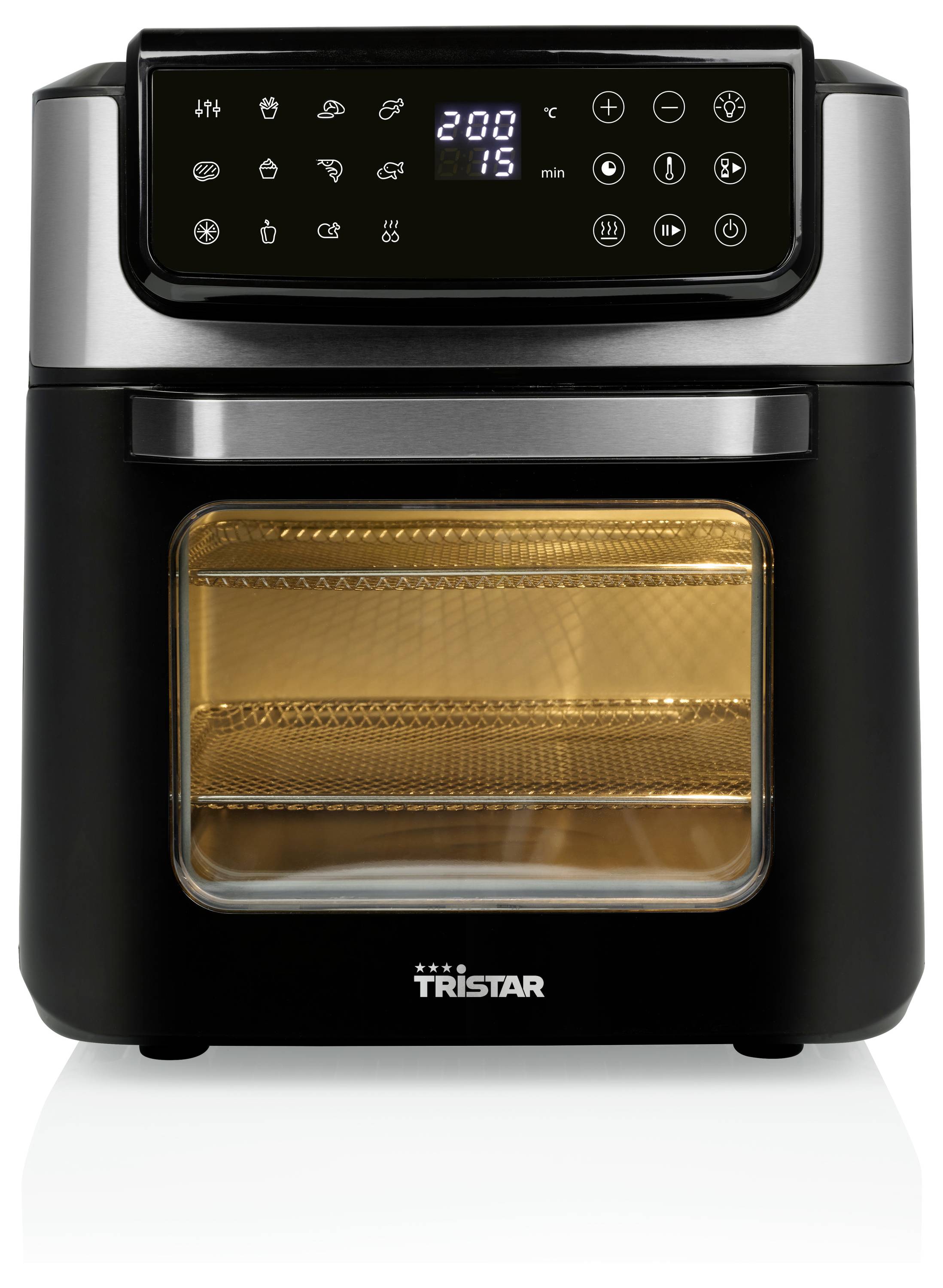 Een zwarte tafeloven met een digitaal display toont '200' en '15'. De voorkant heeft een glazen scherm met een binnenrooster en bakplaat.