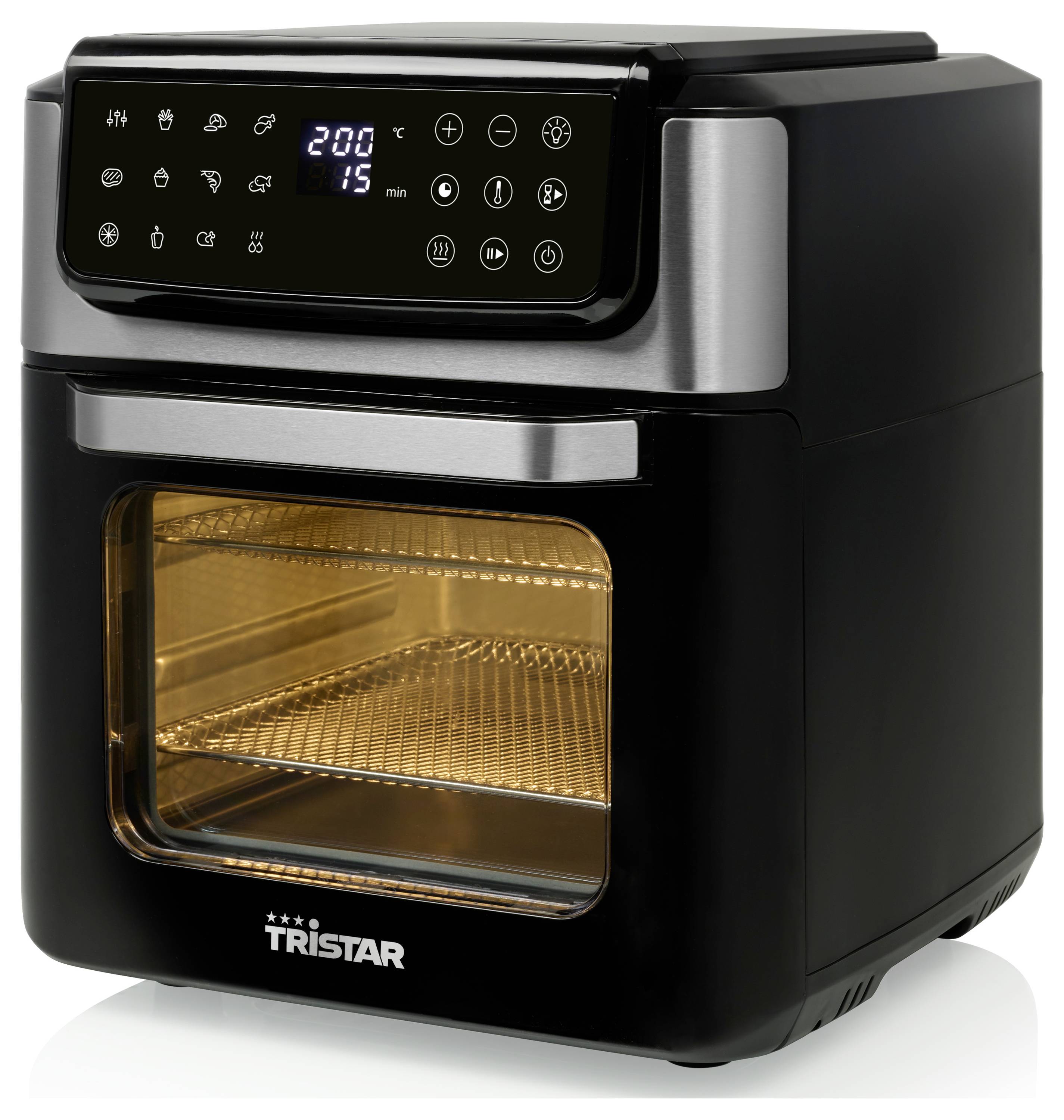 Heteluchtfriteuse met digitaal bedieningspaneel, toont 200 graden Celsius en 15 minuten. Zwart design met glazen deur en binnenruimte.