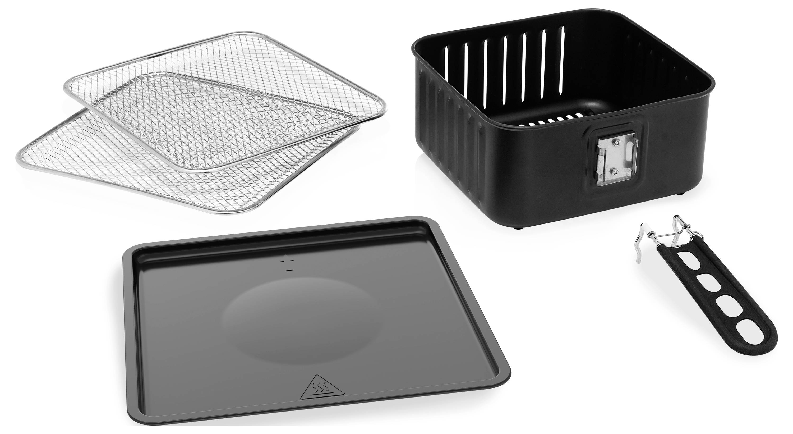 Op de afbeelding staan accessoireonderdelen van een heteluchtfriteuse: twee roosters, een zwarte mand, een bakplaat en een afneembare handgreep.