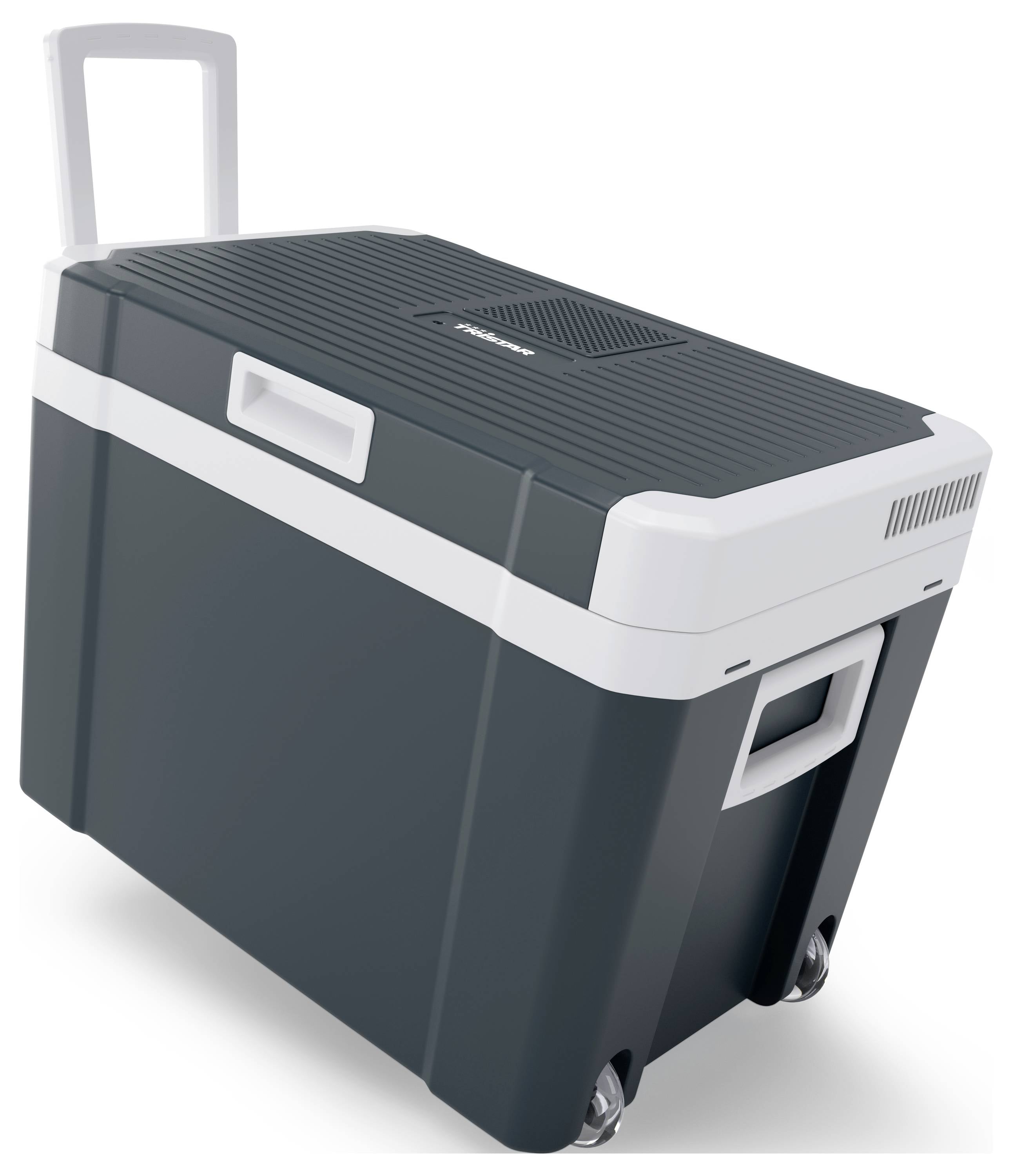 Donkergrijze koelbox met witte handgreep en wielen voor gemakkelijk transport. Perfect voor buitenactiviteiten of picknicks.