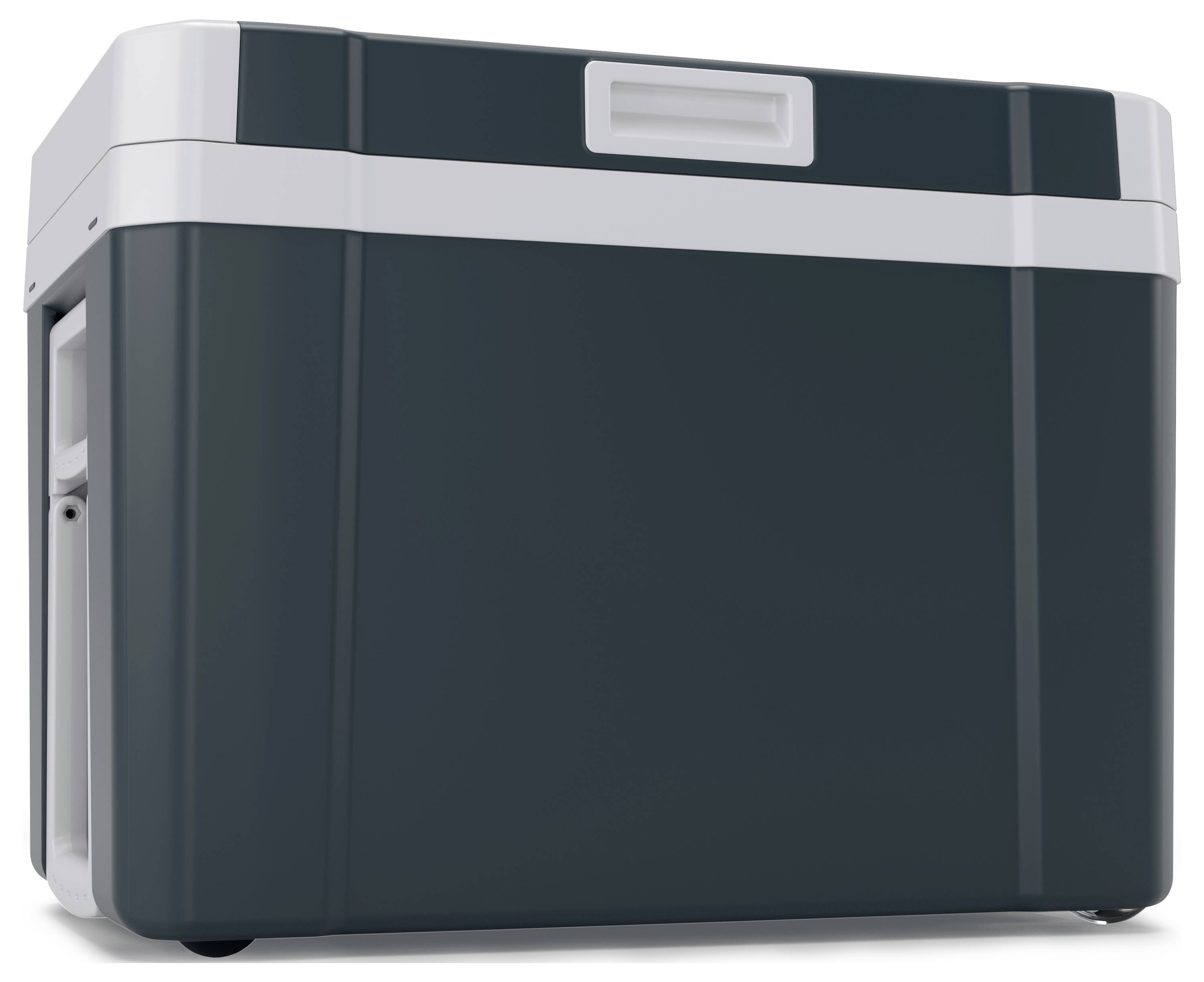 Een grote, donkere koeltas met een witte rand en een handvat. Hij is stevig ontworpen en kan worden gebruikt voor het koel houden van voedsel.