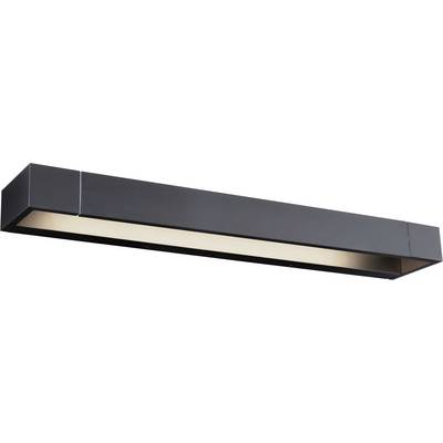 Zwarte, rechthoekige wandlamp met diffuus licht, geschikt voor moderne interieurs.