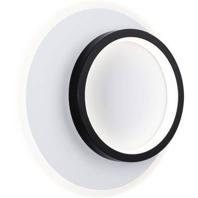 Een ronde, moderne wandlamp met een zwart frame en wit licht dat zacht naar buiten schijnt.