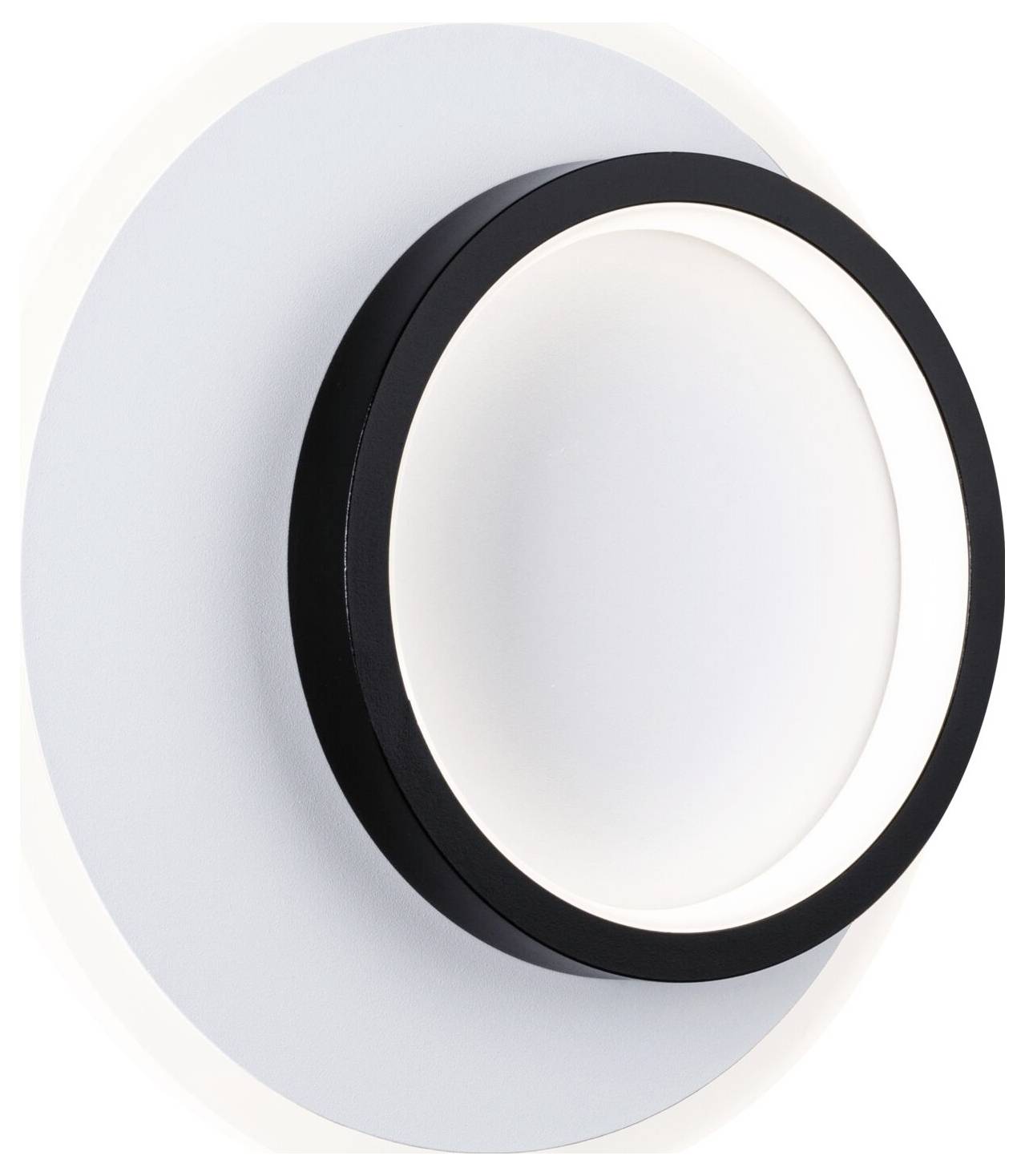 Moderne, ronde wandlamp met zwarte behuizing en rond LED-licht, gemonteerd op een witte, cirkelvormige plaat.