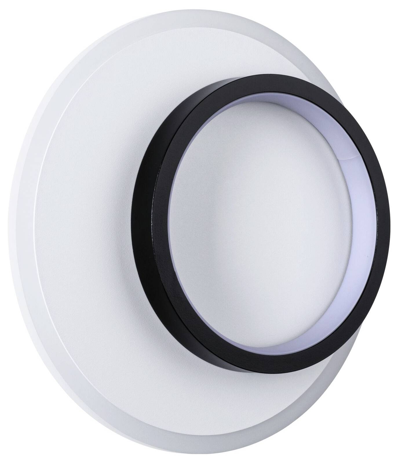 Een moderne, ronde wandlamp met een zwarte ring en witte achtergrond, geschikt voor stijlvolle binnenverlichting.