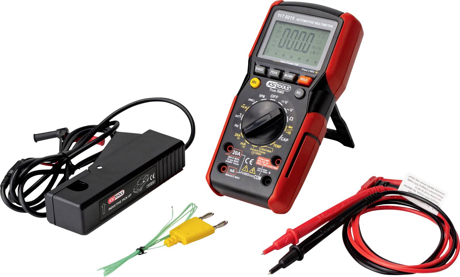 Een digitaal multimeter met kabels, krokodillenklemmen en temperatuursensor. Geschikt voor elektrische metingen.