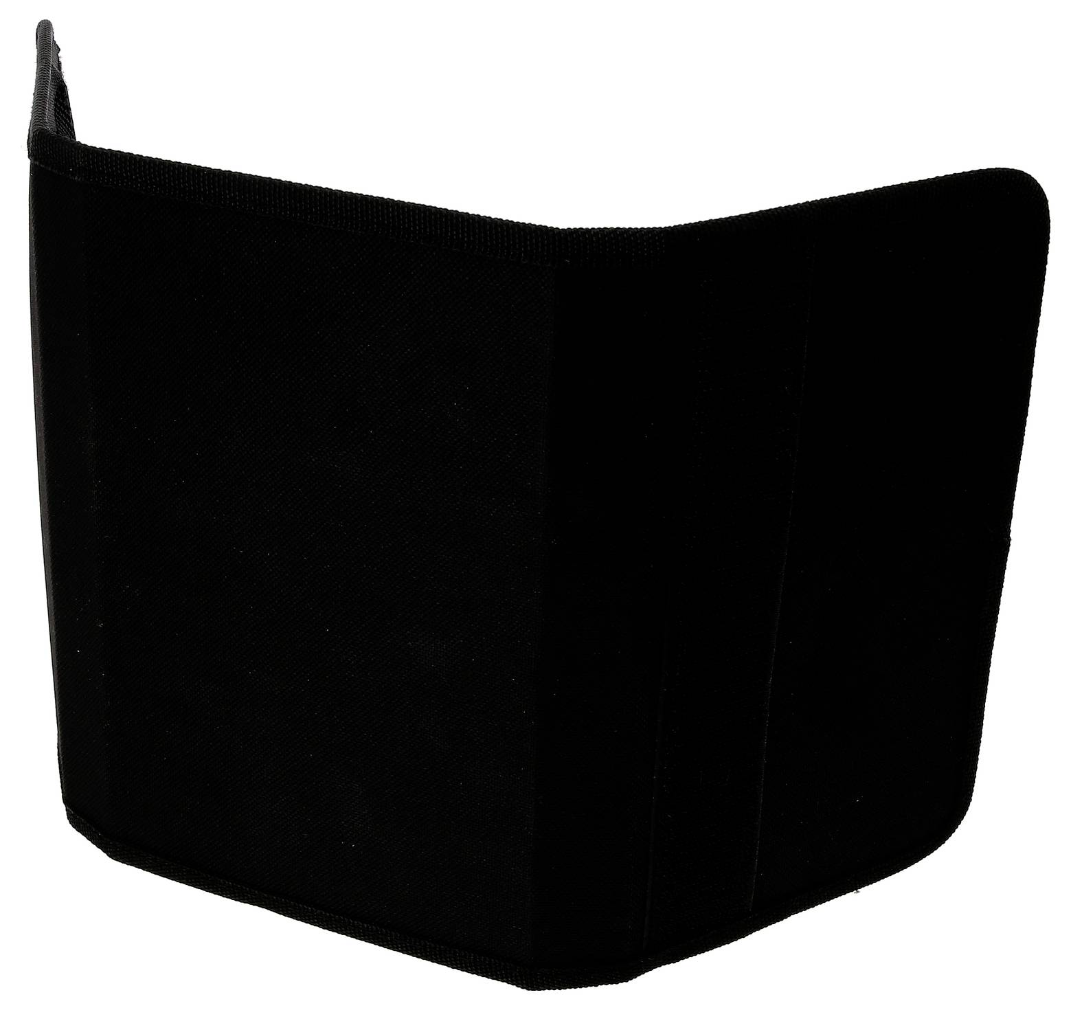 Een zwart, rechthoekig voorwerp met afgeronde hoeken, waarschijnlijk gemaakt van een flexibel materiaal zoals stof of rubber.