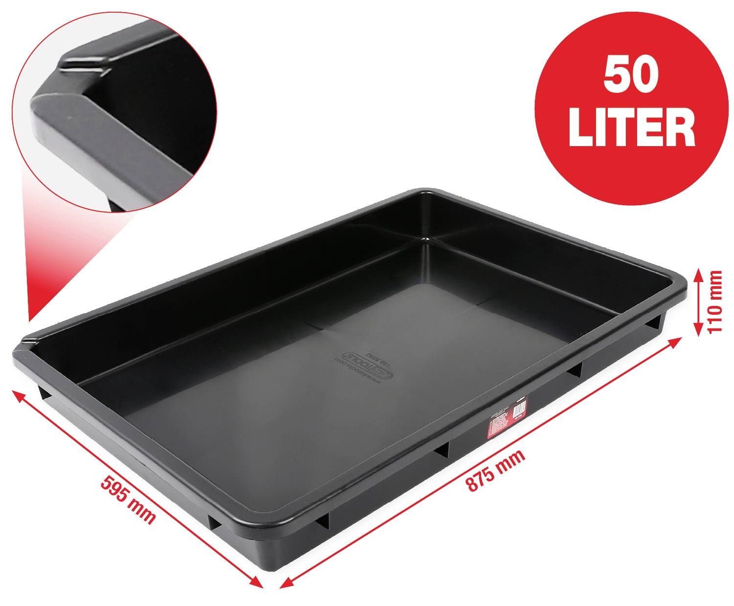 Zwarte opvangbak van kunststof, 50 liter volume, afmetingen 875 mm x 595 mm x 110 mm. Details: stevige rand.