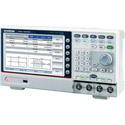 Functiegenerator met digitaal display, toont twee kanalen met signaalparameters, diagrammen en bedieningsknoppen voor signaalgeneratie.