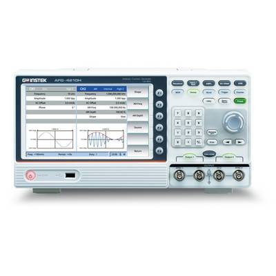 Een functiegenerator met een digitaal display toont frequenties, amplitudes en golfvormen. Bedieningsknoppen en aansluitingen aan de zijkant.