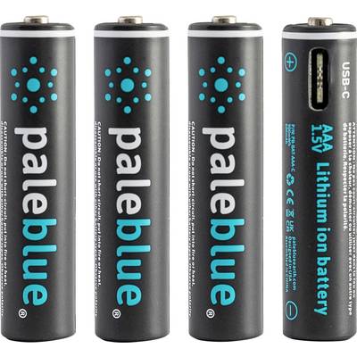 Vier herlaadbare AA-lithium-ionenbatterijen met USB-C-aansluiting. Alle batterijen zijn zwart met het opschrift 'paleblue'.