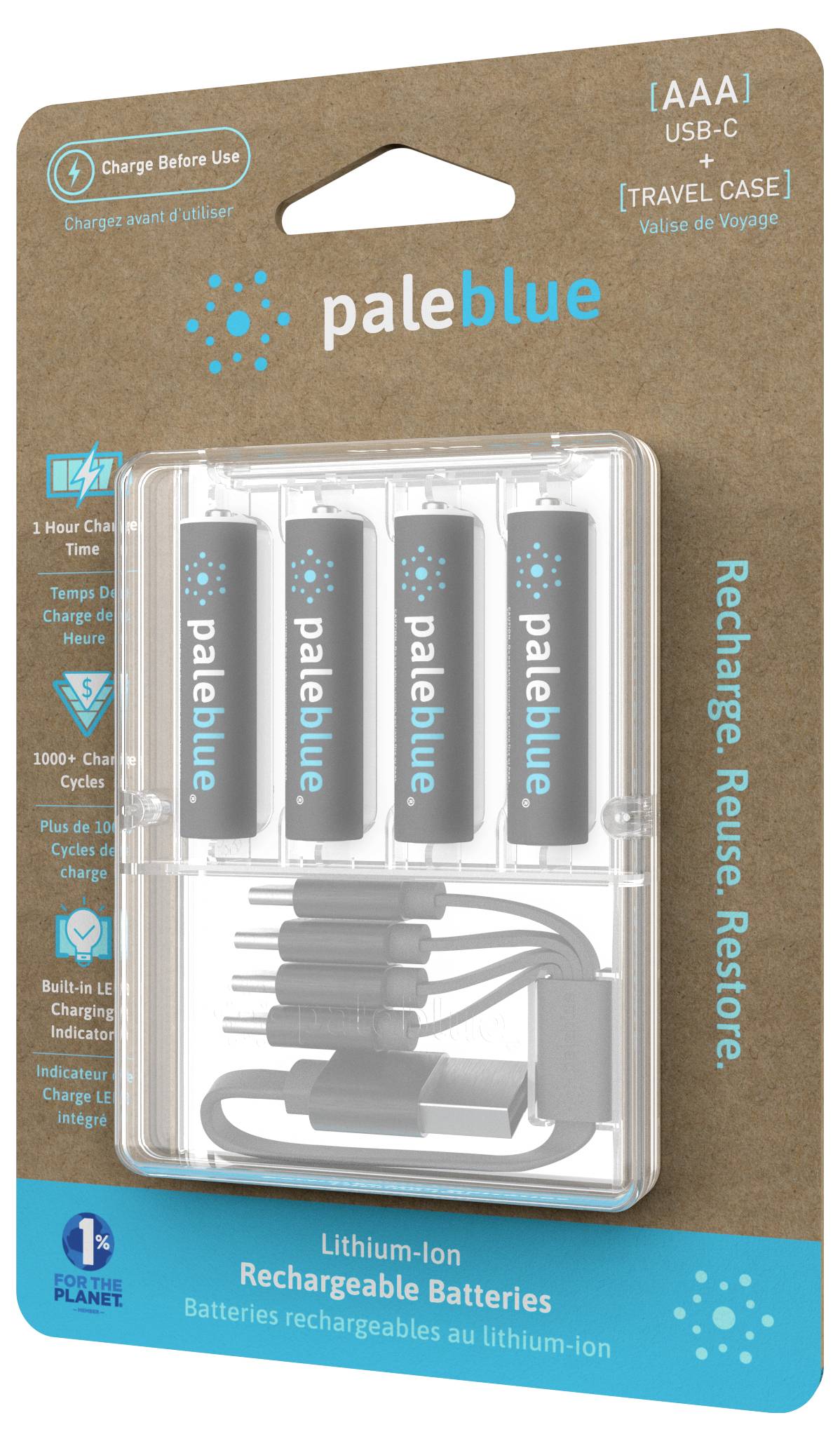 'Lithium-Ion oplaadbare batterijen (AAA) met USB-C-oplader en reistas. 1% for the Planet' wordt vermeld op de verpakking.