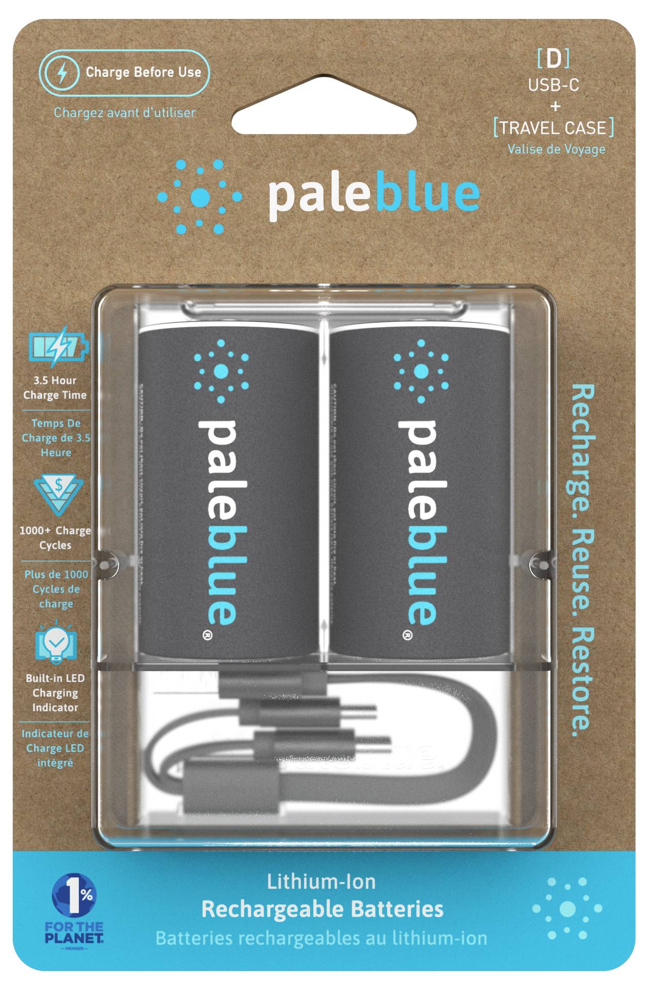 Blisterverpakking met twee oplaadbare lithium-ion batterijen en een USB-C-kabel. Merknaam 'paleblue' duidelijk zichtbaar aan de voorkant.