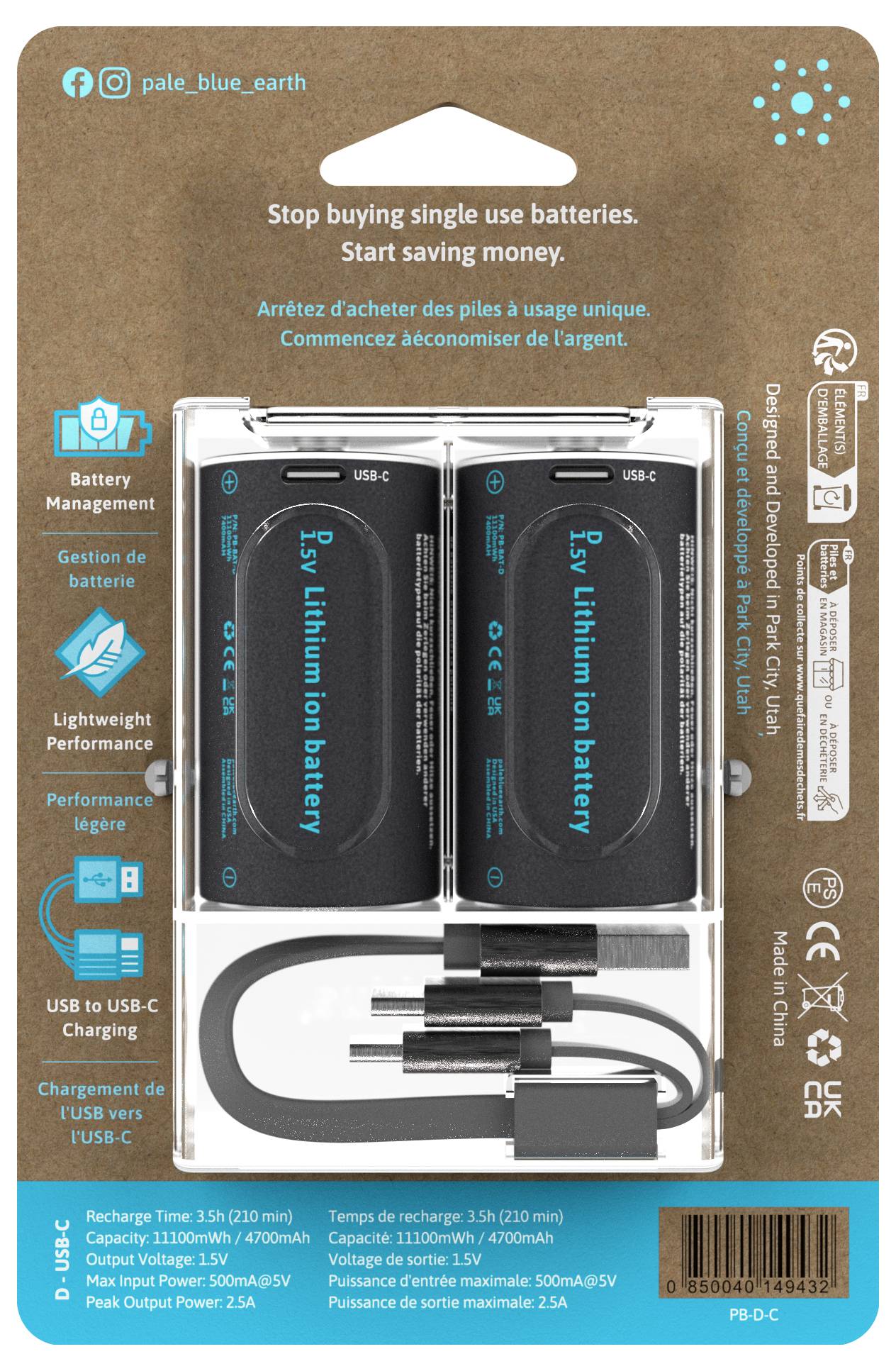 Twee oplaadbare Li-Ion-batterijen met USB-C-aansluiting in een transparante verpakking, kabel meegeleverd.