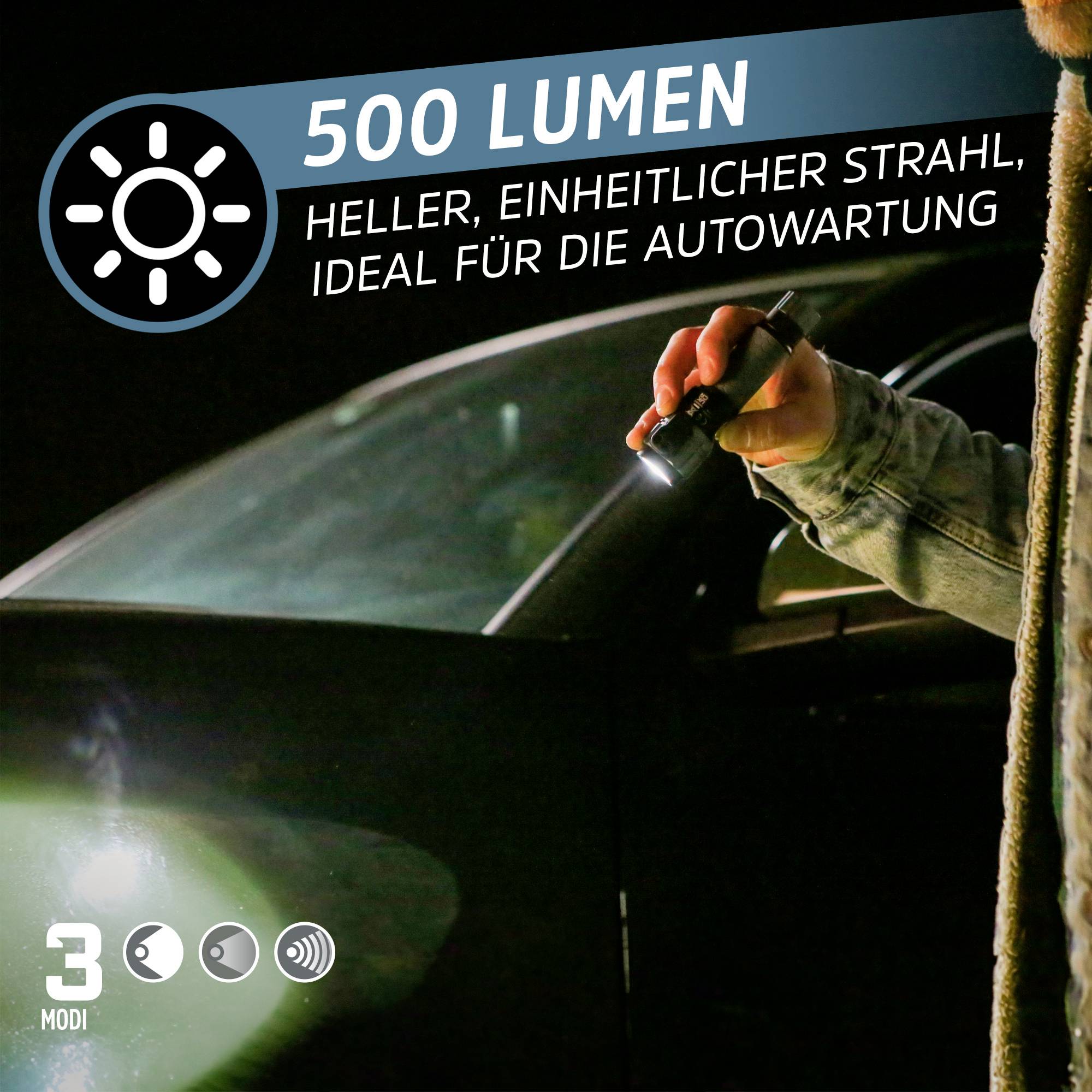 'Zaklamp met 500 lumen. Helder, egaal lichtbundel, ideaal voor autoonderhoud. Beschikt over 3 standen: helder, gedimd, knipperlicht.'