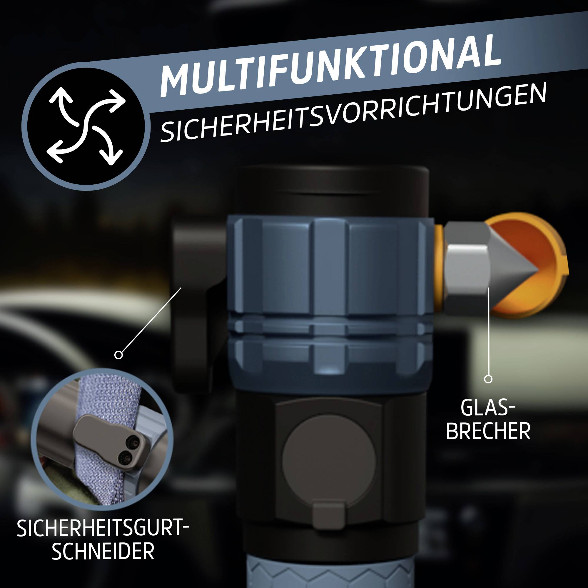 'Multifunctioneel veiligheidshulpmiddel met glasbreker, snijvoorziening voor veiligheidsgordels, tekst: Multifunctionele veiligheidsvoorzieningen.'