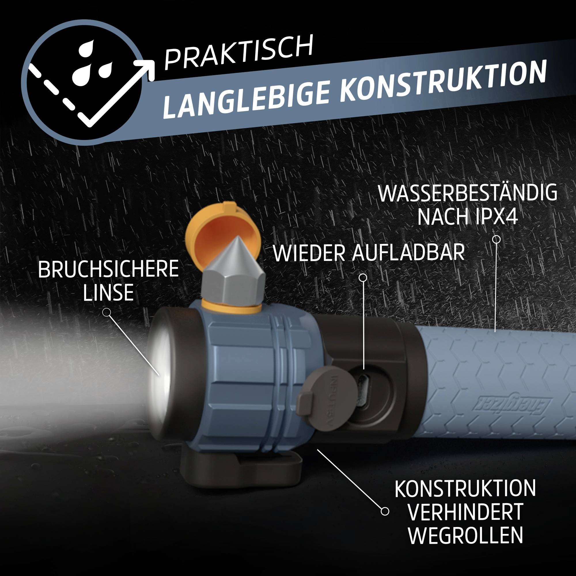 Zaklamp met schokbestendige lens, waterdicht volgens IPX4, oplaadbaar, robuuste constructie voorkomt rollen.