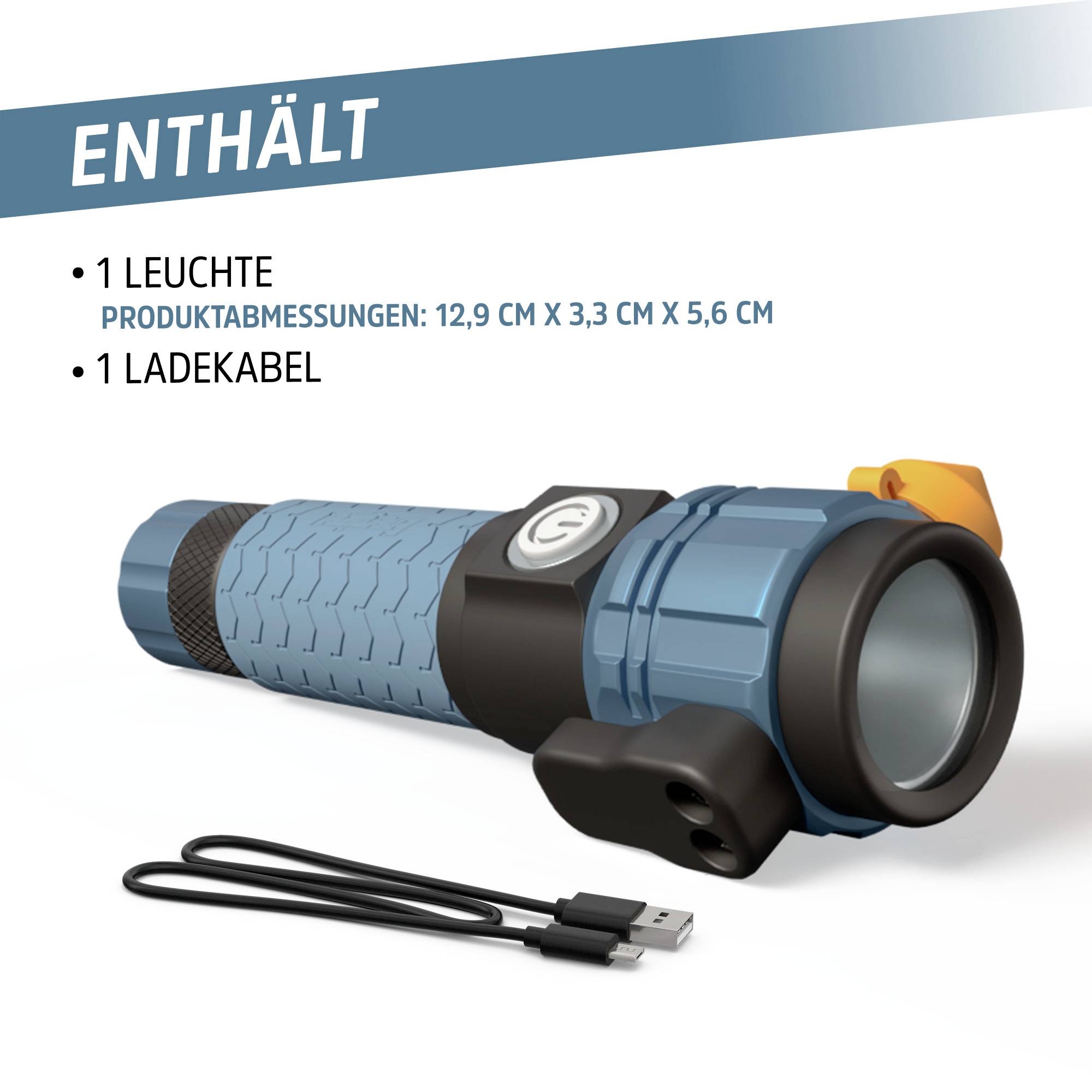 Bevat: Een blauwe zaklamp (12,9 cm x 3,3 cm x 5,6 cm) en een oplaadkabel.