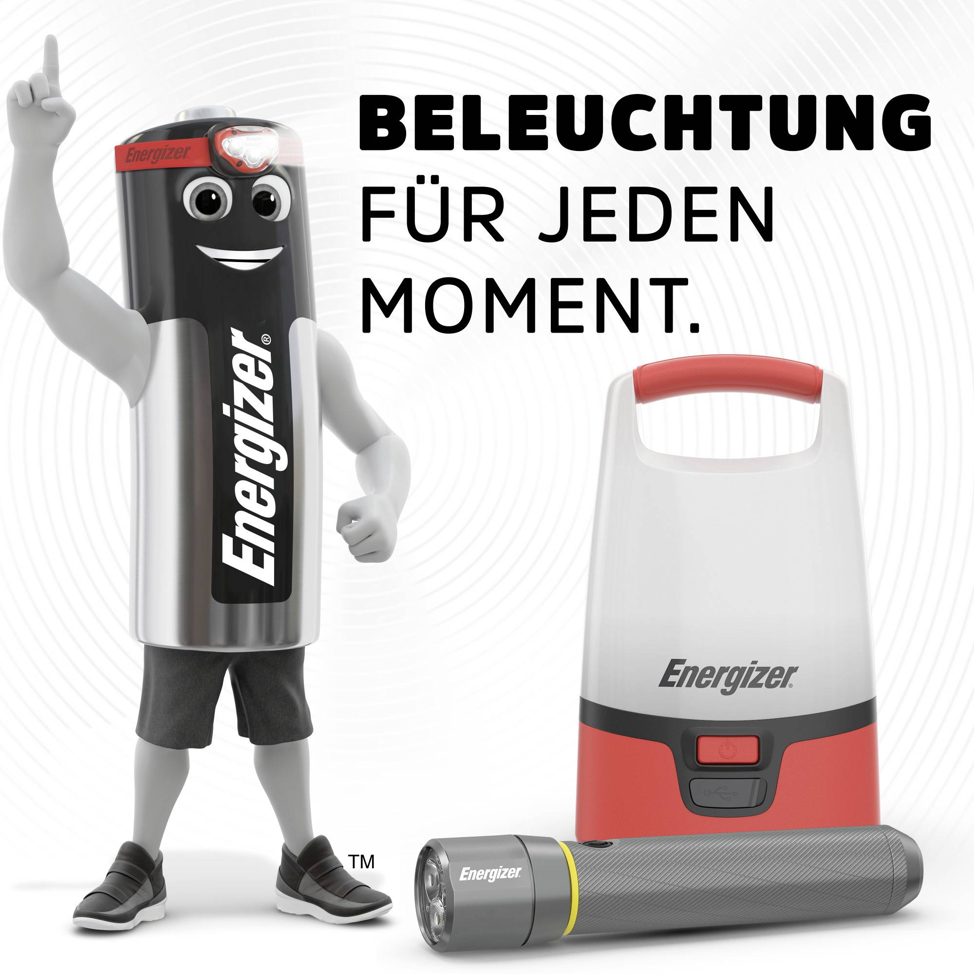Een batterijfiguur wijst naar een lantaarn en een zaklamp. Tekst: 'Verlichting voor elk moment'. Energizer-logo zichtbaar.