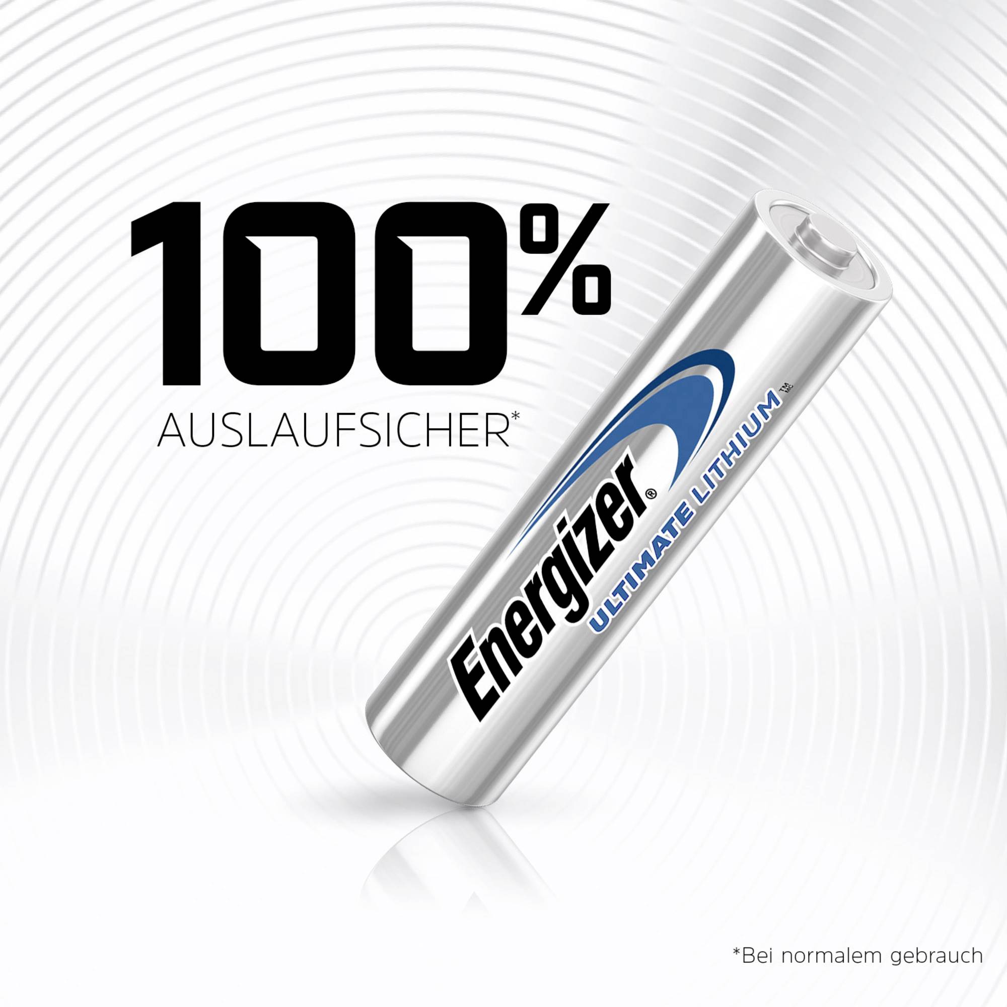 Batterij met opschrift 'Energizer Ultimate Lithium', ernaast de tekst '100% lekvrij', kleine tekst 'Bij normaal gebruik'.