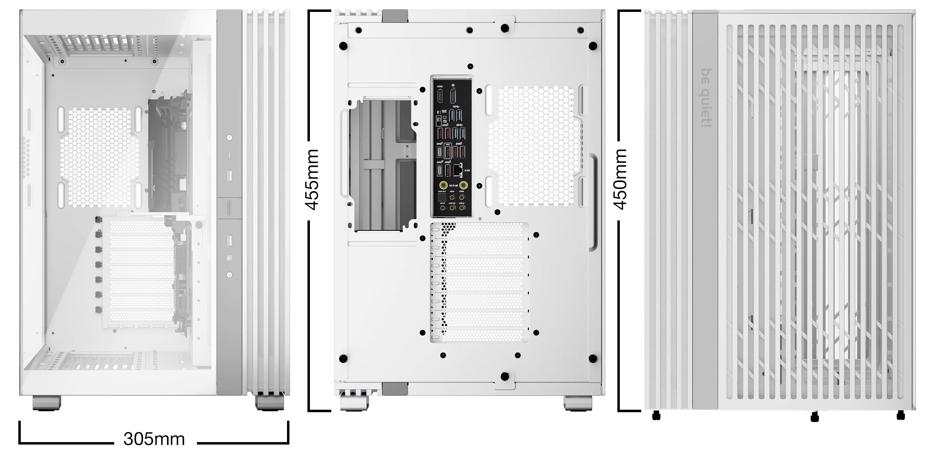 Een wit computerbehuizing met afmetingen: breedte 305 mm, hoogte 455 mm, diepte 450 mm. Voor- en achteraanzicht zijn weergegeven.