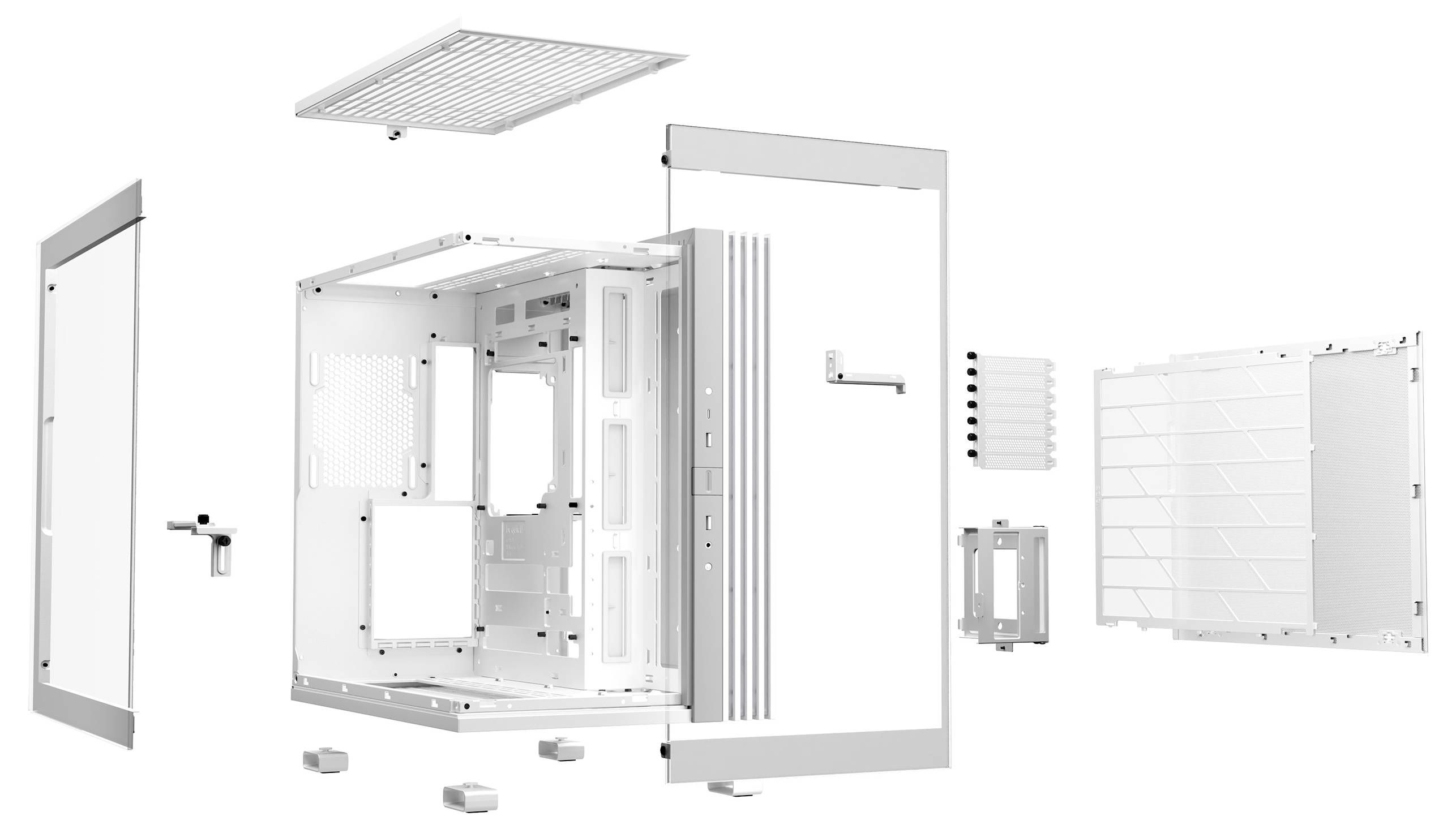 Ontplofte weergave van een computerbehuizing met verwijderde zijwanden, bovenkant en meerdere monteerbare componenten.