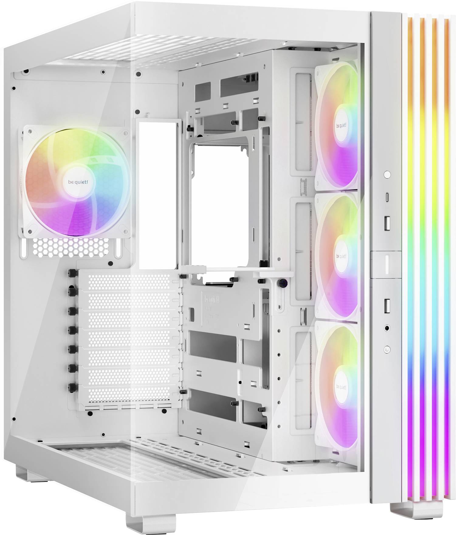 Pc-behuizing met transparant zijpaneel, vijf RGB-ventilatoren en verticale RGB-strips aan de voorkant.