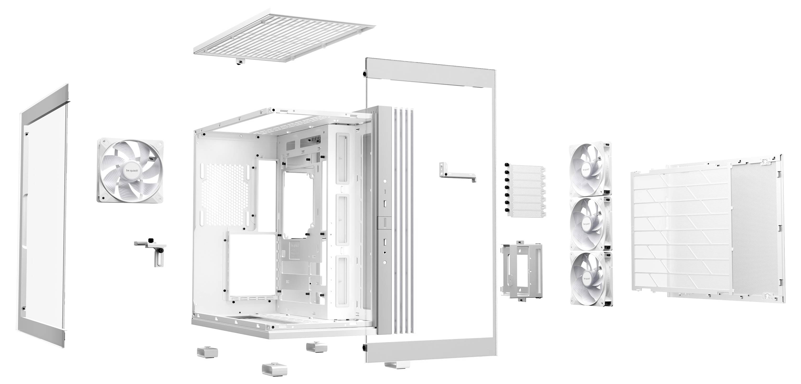 Ontplofte weergave van een computerbehuizing met verwijderbare zijwanden, ventilatoren en afzonderlijke componenten voor een beter zicht.