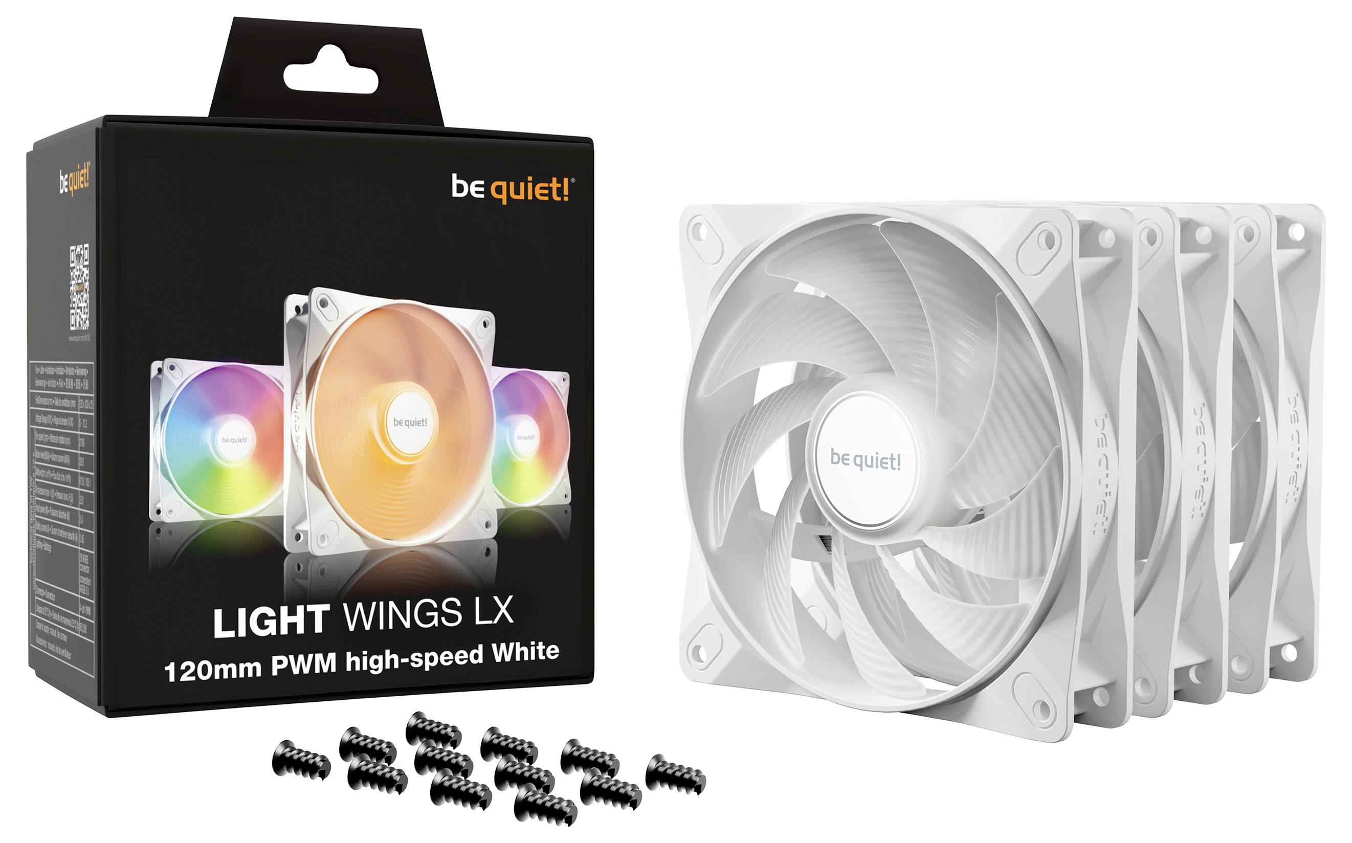 Vier witte ventilatoren met RGB-verlichting, naast een verpakking met de tekst 'be quiet! Light Wings LX'. Inclusief bevestigingsschroeven.