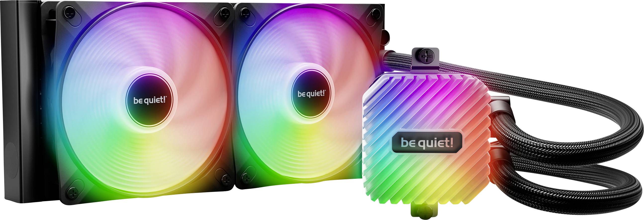 Vloeistofkoelsysteem met twee RGB-ventilatoren en een kleurrijke koelbehuizing van 'be quiet!'. Ideaal voor krachtige computerkoeling.