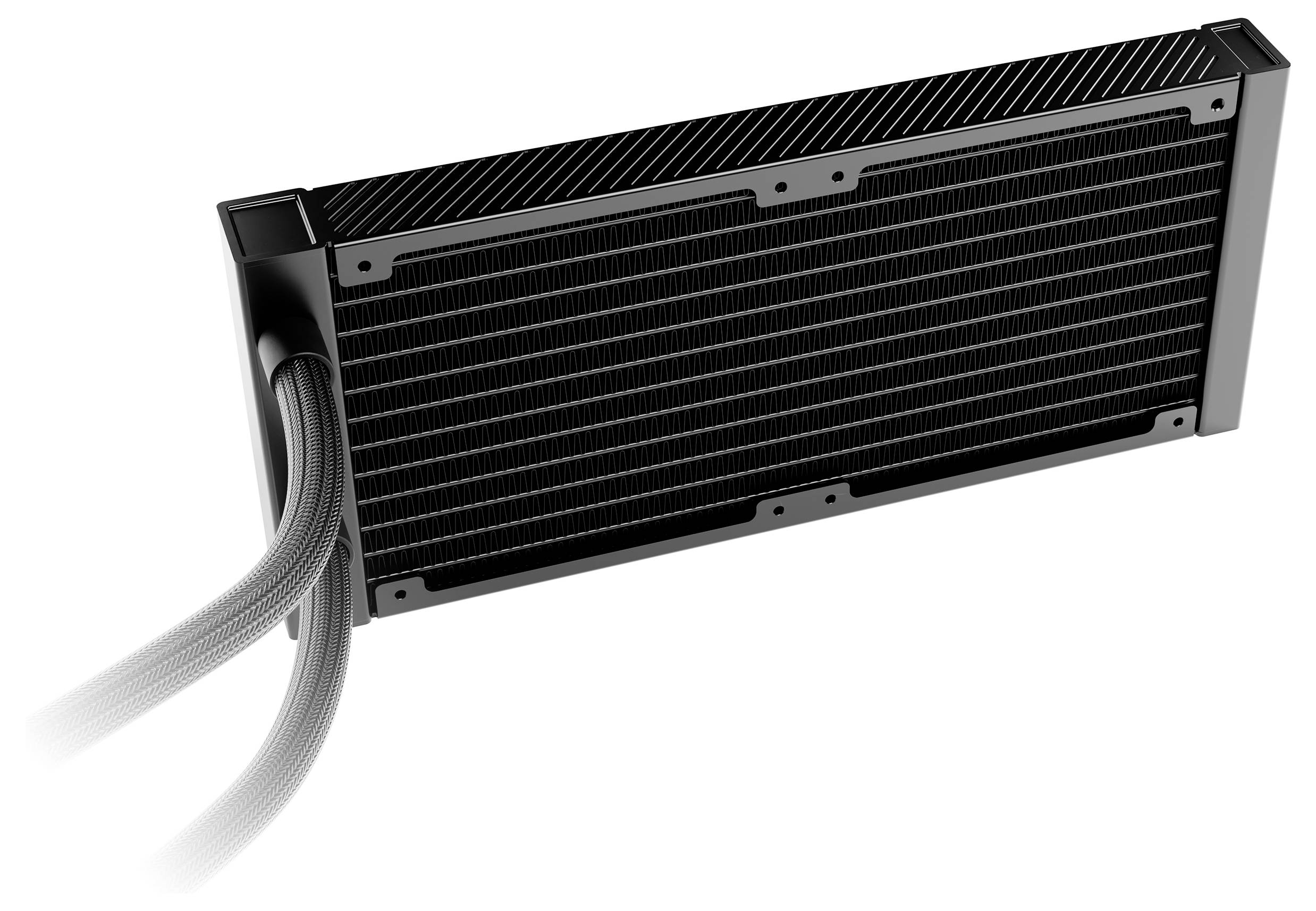 Een zwarte computerkoeler met twee aangesloten slangen, die wordt gebruikt voor warmteafvoer in pc's.