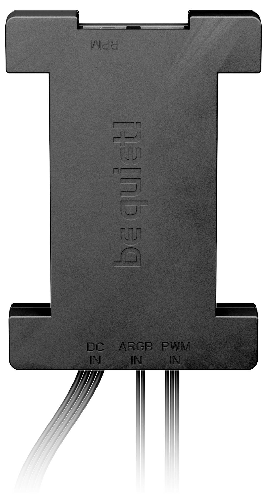 Zwarte kabel-controller van be quiet! met aansluitingen voor DC In, ARGB In, PWM In en RPM gemarkeerd, enkele kabels zijn aangesloten.