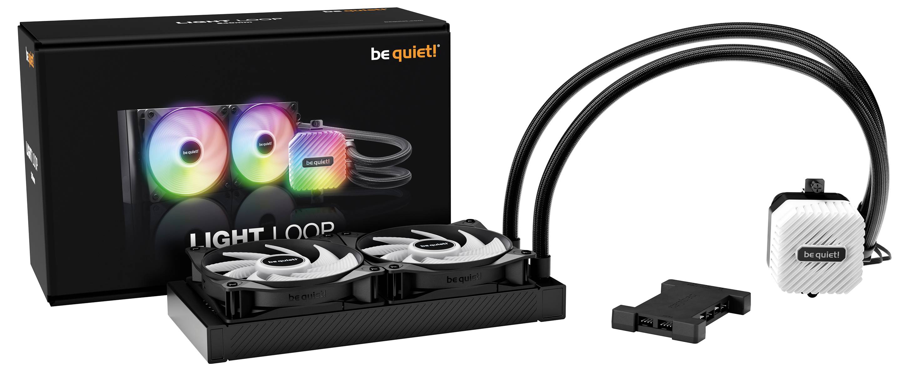 PC-koelsysteem van 'be quiet!' met twee ventilatoren en RGB-verlichting, verpakt naast zijn doos met afbeelding van het koelsysteem.
