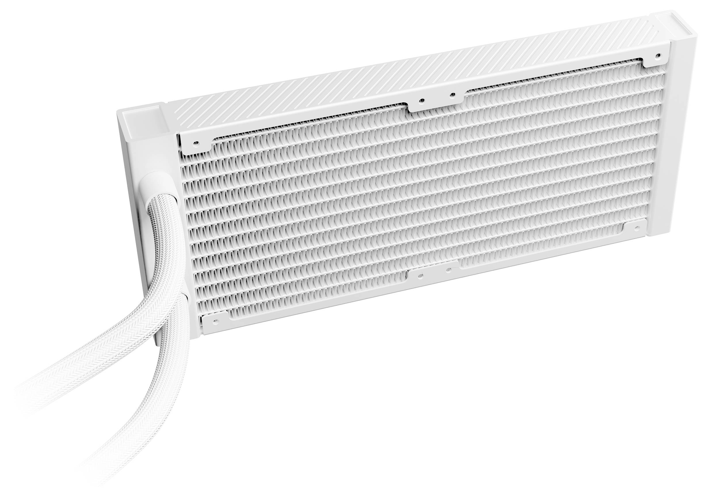 Een witte computer-watercooler met twee slangen, geschikt voor warmteafvoer en koeling van centrale verwerkingsprocessoren.